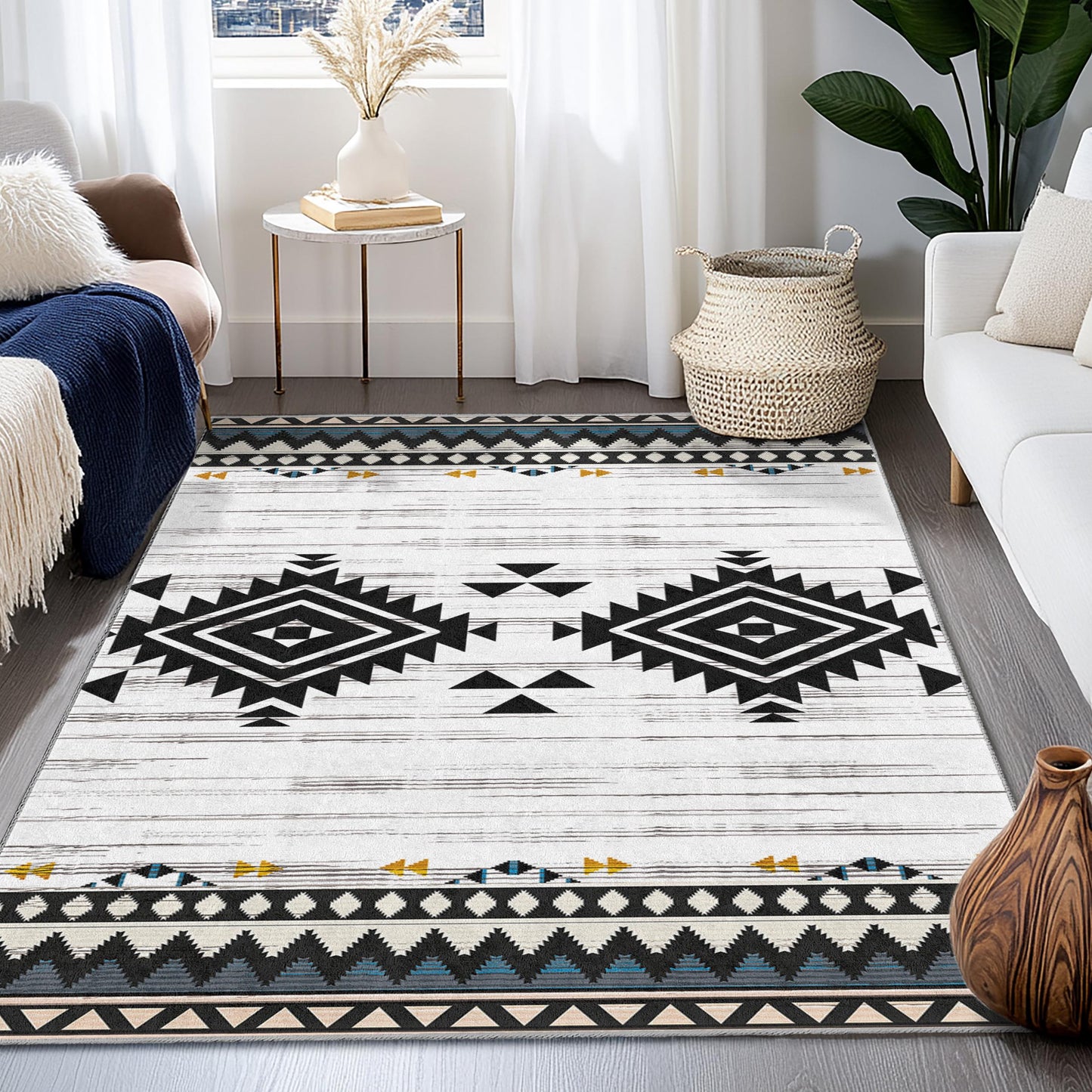 Rechteckiger Teppich mit geometrischem Muster | Boho-Chic-Wohnzimmerteppich | Moderne Wohndekoration | Stilvoller schwarz-weißer Teppich