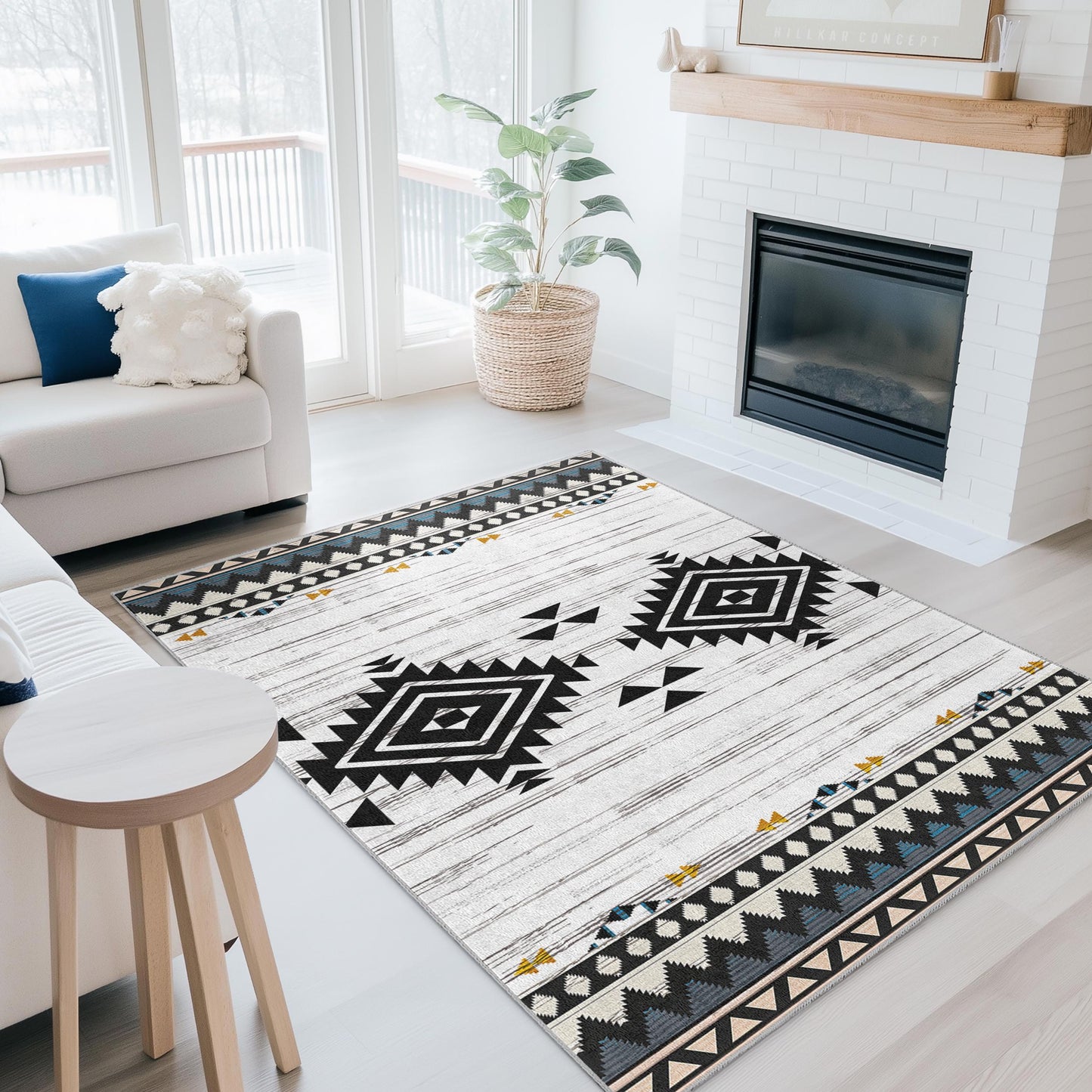 Rechteckiger Teppich mit geometrischem Muster | Boho-Chic-Wohnzimmerteppich | Moderne Wohndekoration | Stilvoller schwarz-weißer Teppich