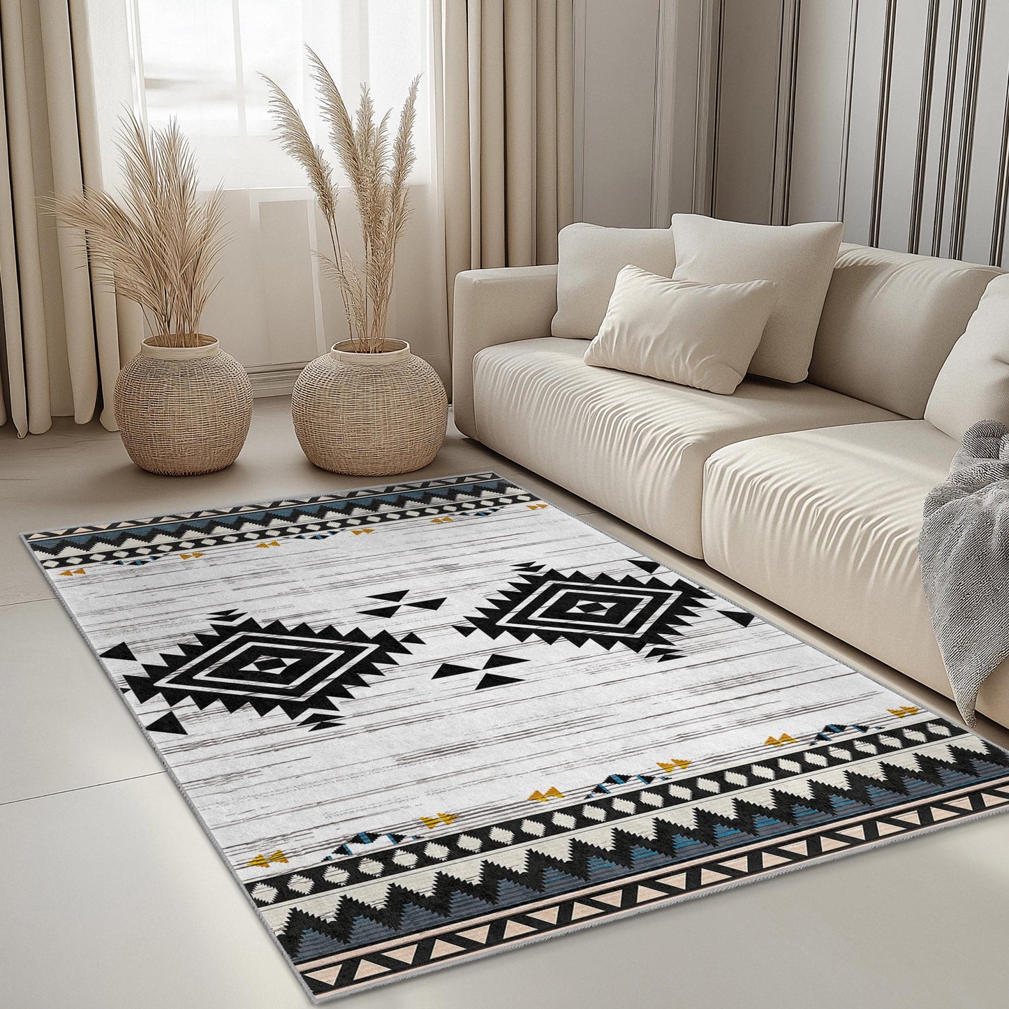 Rechteckiger Teppich mit geometrischem Muster | Boho-Chic-Wohnzimmerteppich | Moderne Wohndekoration | Stilvoller schwarz-weißer Teppich
