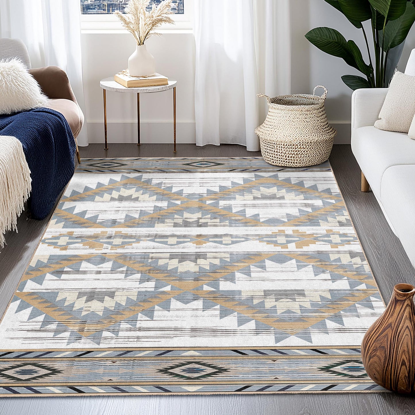 Rechteckiger Teppich mit geometrischem Muster | Moderner Boho-Chic-Teppich fürs Wohnzimmer | Stilvolles Wohnaccessoire