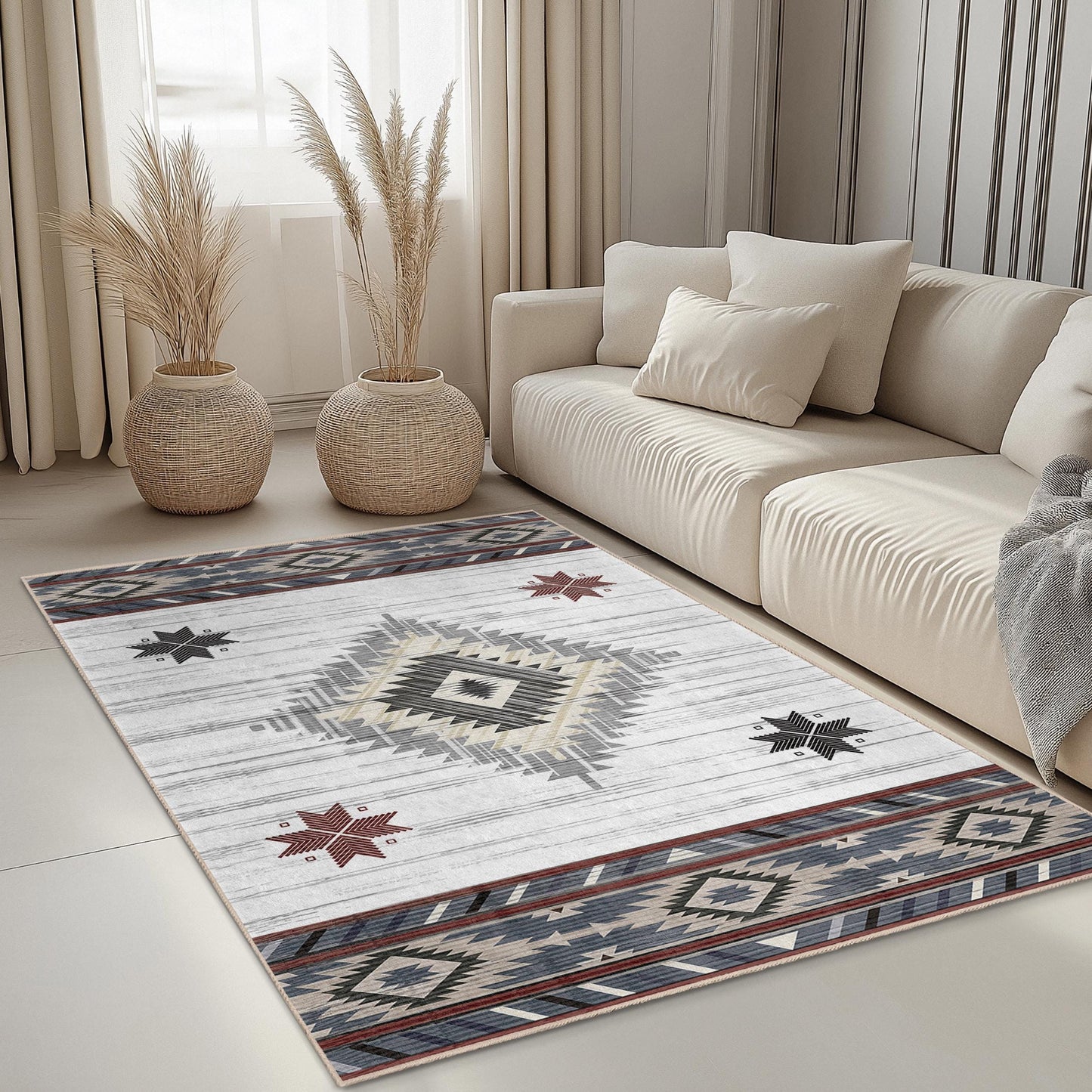 Rechteckiger Teppich mit geometrischem Muster | Teppich im Südwest-Stil | Boho-Chic-Wohnzimmerdeko | Moderne Fußmatte