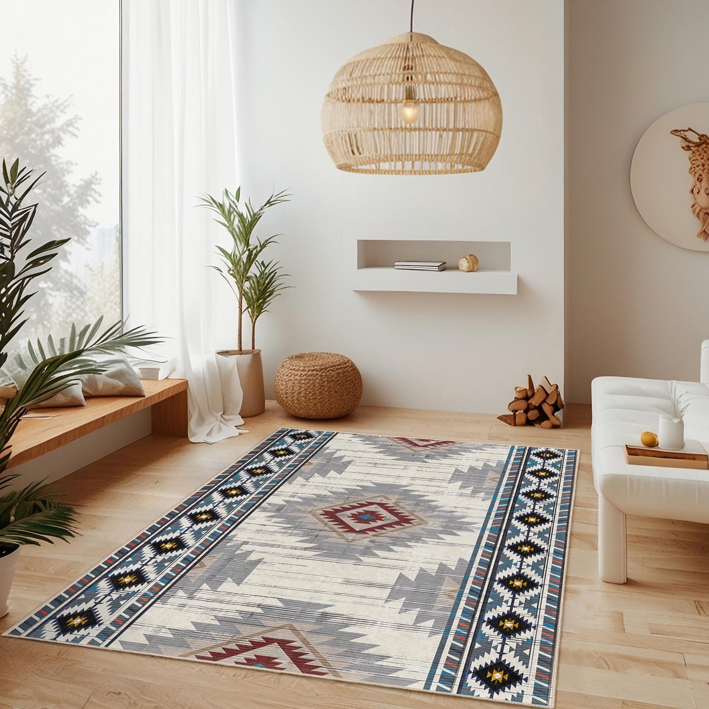Rechteckiger Teppich mit geometrischem Muster | Moderner Wohnzimmerteppich im Boho-Stil | Weiche, waschbare Fußmatte | Stilvolle Wohnaccessoires