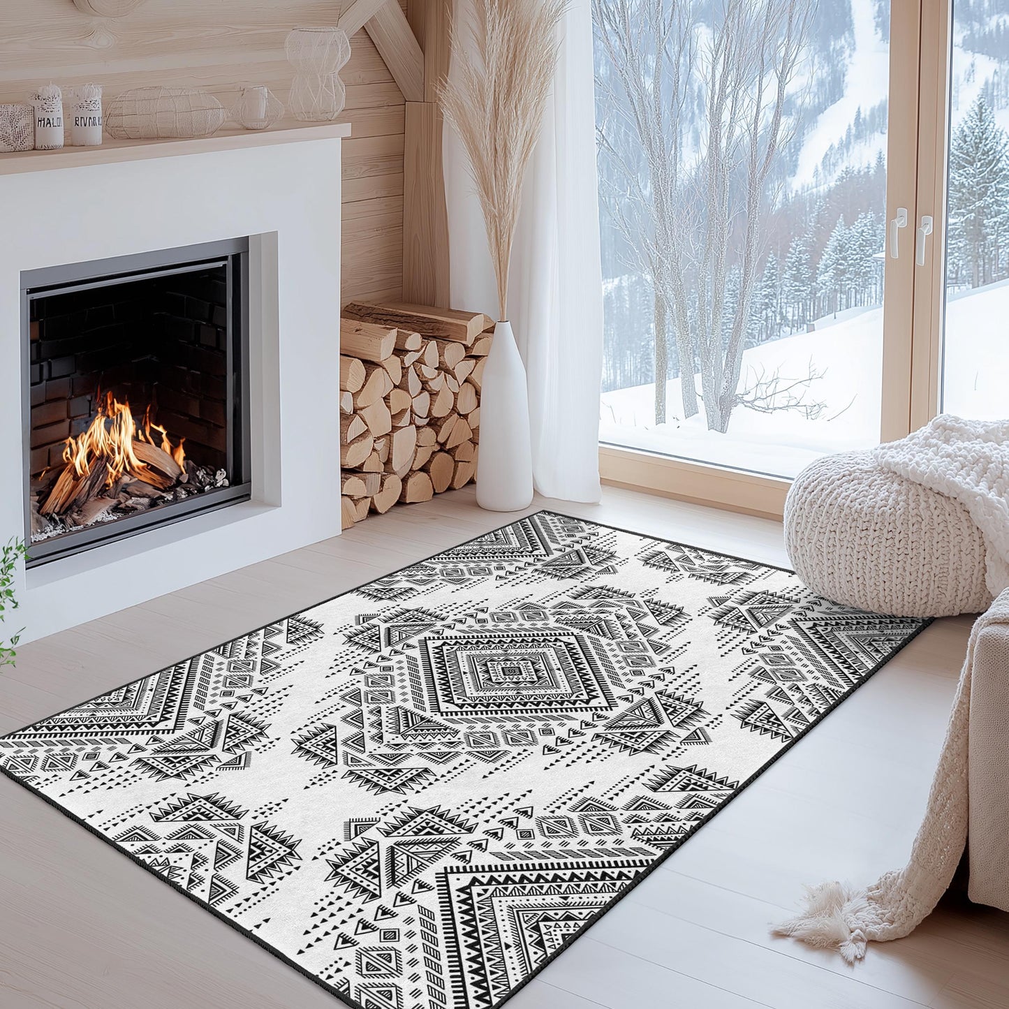 Geometrischer rechteckiger Teppich in Schwarz-Weiß | Stilvoller, moderner Wohnzimmerteppich | Elegante Wohndekoration | Strapazierfähige Fußmatte
