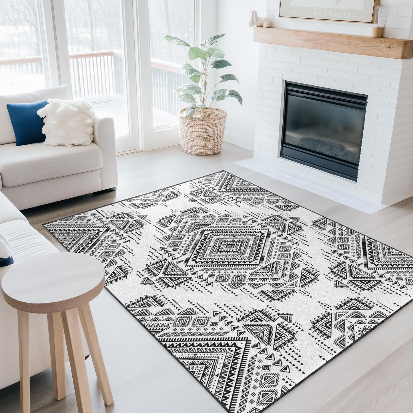 Geometrischer rechteckiger Teppich in Schwarz-Weiß | Stilvoller, moderner Wohnzimmerteppich | Elegante Wohndekoration | Strapazierfähige Fußmatte