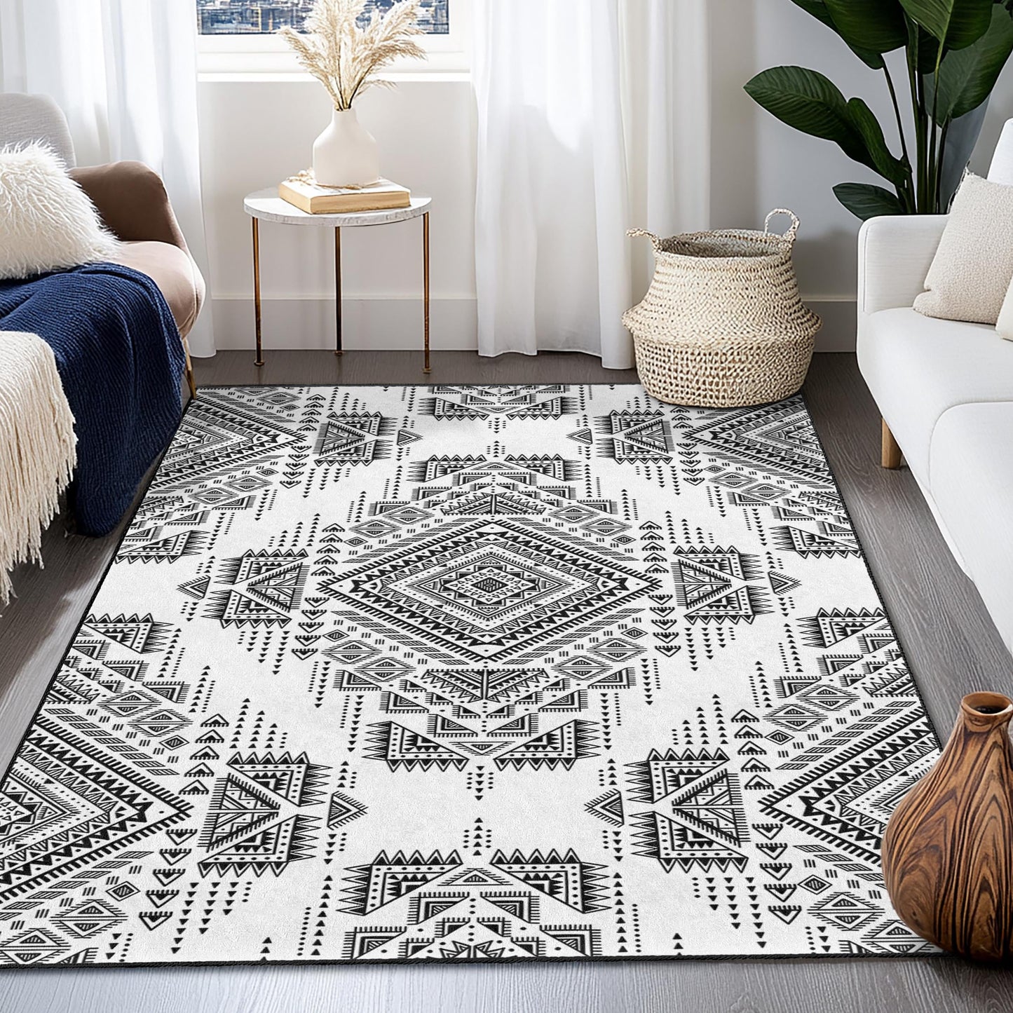 Geometric Black and White Rectangular Rug | Stylish Modern Carpet for Living Room | Elegant Home Decor | Durable Area Mat