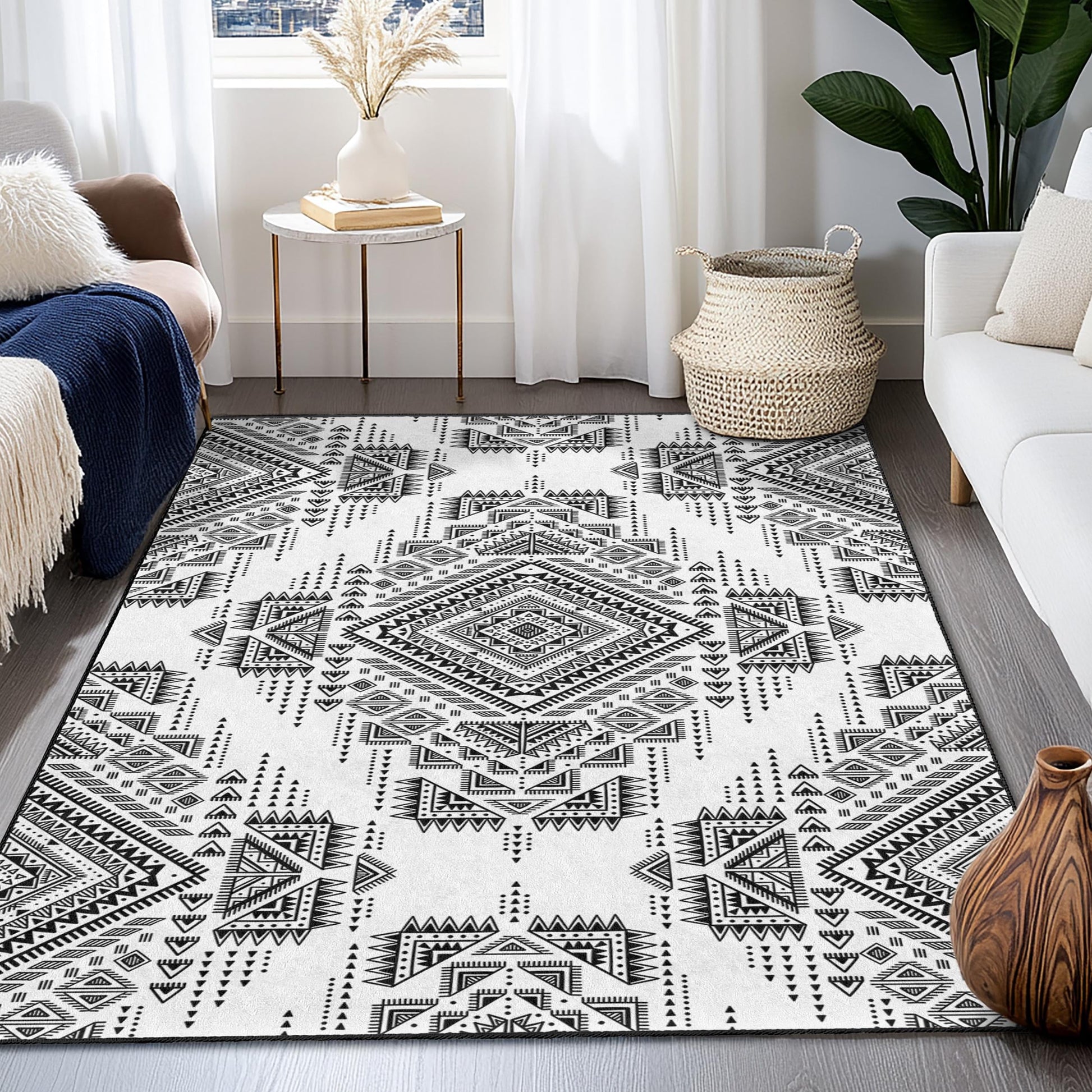 Geometric Black and White Rectangular Rug | Stylish Modern Carpet for Living Room | Elegant Home Decor | Durable Area Mat