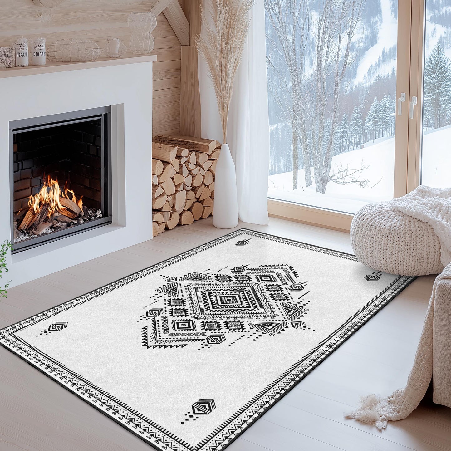 Geometrischer rechteckiger Teppich in Schwarz-Weiß | Stilvoller Boho-Teppich | Moderne Wohndekoration | Schicke geometrische Fußmatte