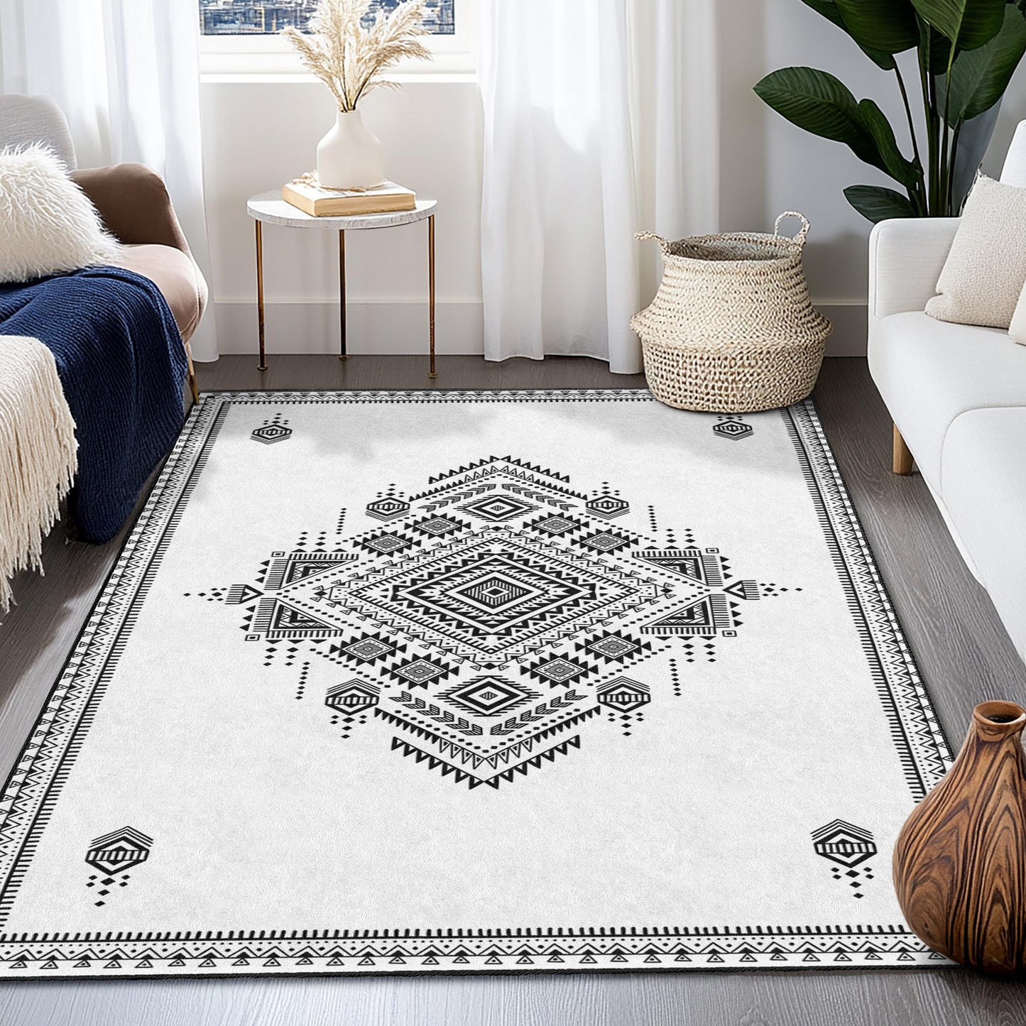 Geometrischer rechteckiger Teppich in Schwarz-Weiß | Stilvoller Boho-Teppich | Moderne Wohndekoration | Schicke geometrische Fußmatte