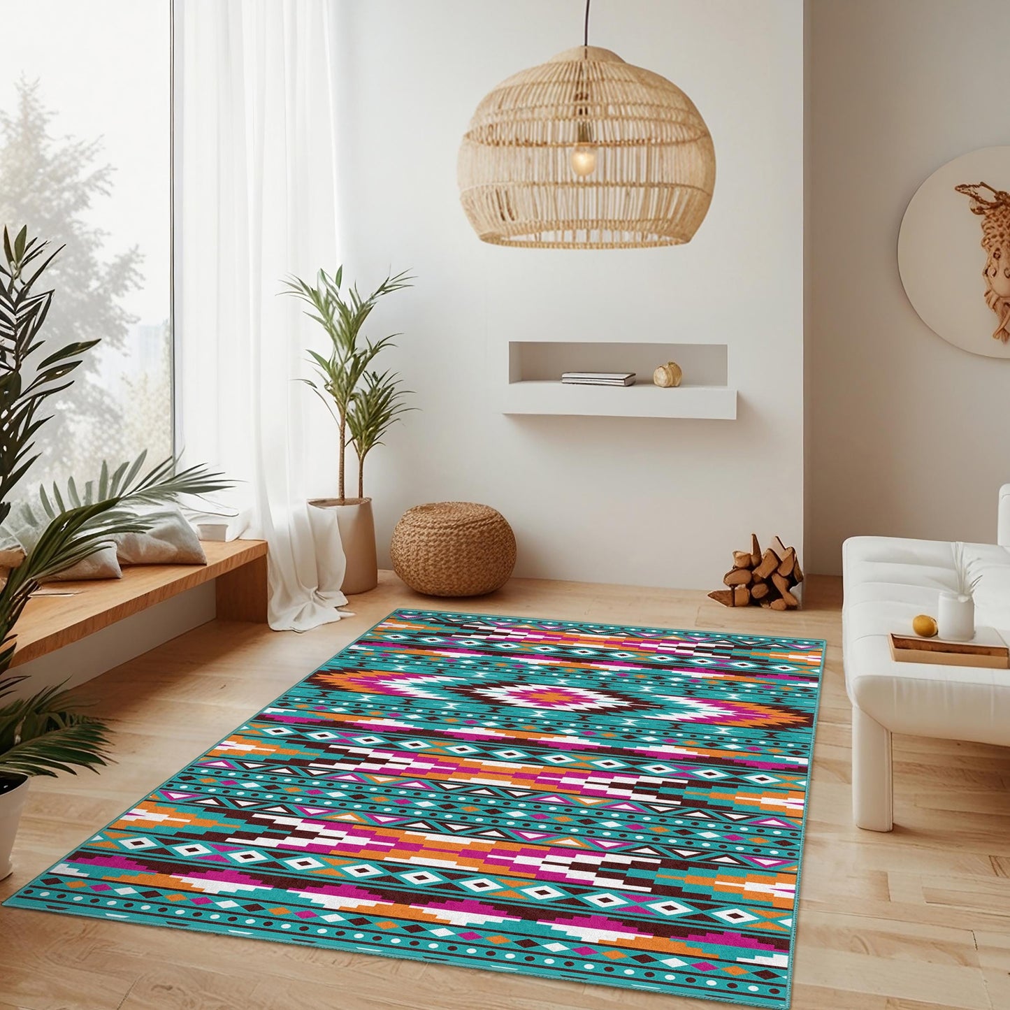 Farbenfroher, rechteckiger, waschbarer Teppich mit geometrischem Muster | Wohnaccessoires im Bohème-Chic | Lebendiger Wohnzimmerteppich | Stilvolles Ethno-Design