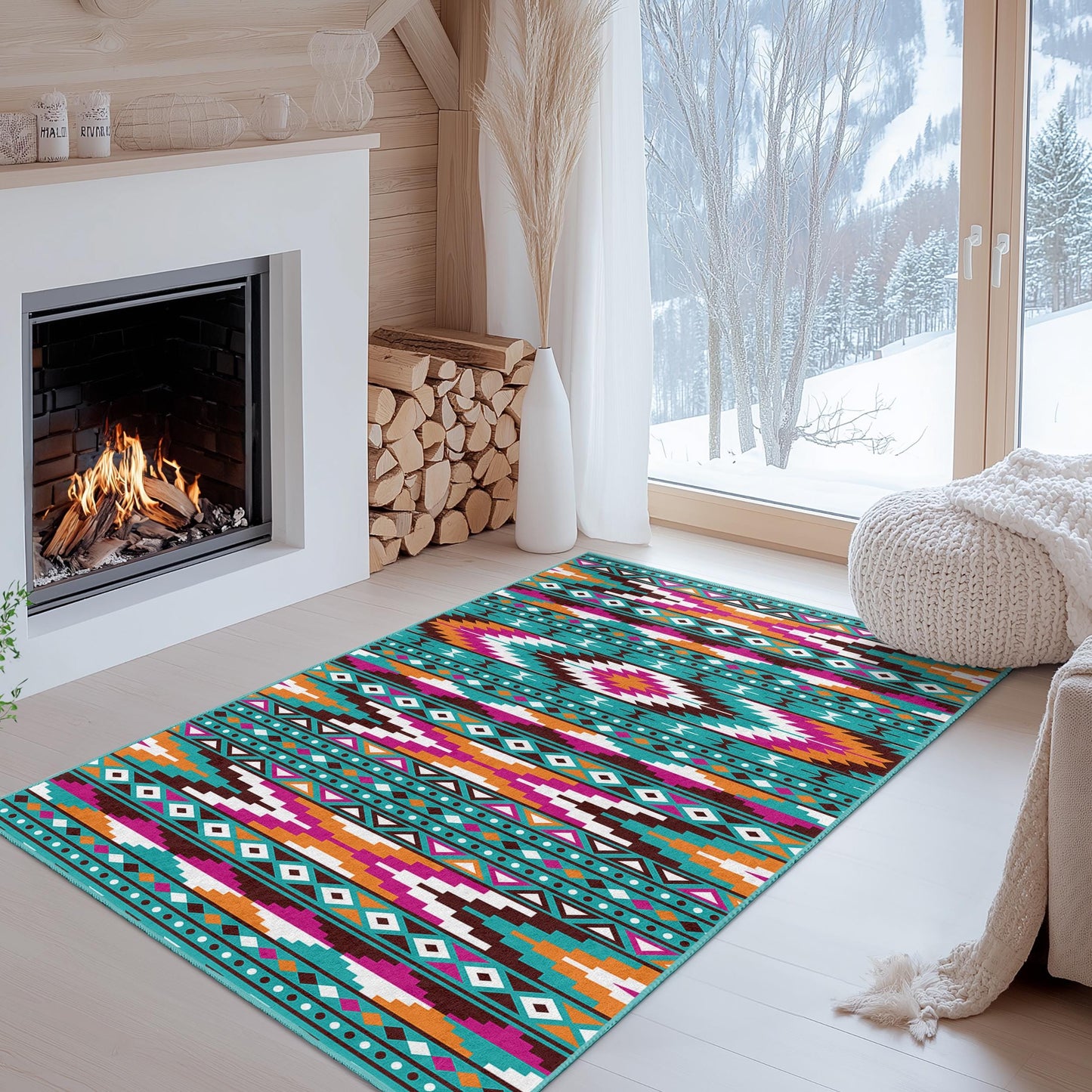 Farbenfroher, rechteckiger, waschbarer Teppich mit geometrischem Muster | Wohnaccessoires im Bohème-Chic | Lebendiger Wohnzimmerteppich | Stilvolles Ethno-Design
