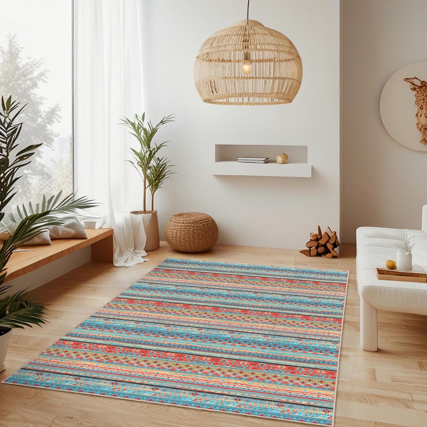 Rechteckiger Teppich mit farbenfrohem geometrischem Muster | Lebendiger Teppich im Bohème-Stil | Moderne Wohnzimmerdekoration | Weiche, waschbare Fußmatte
