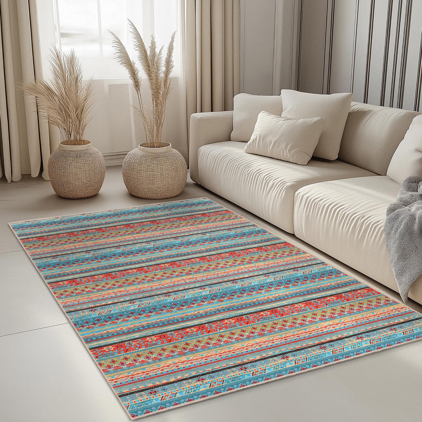 Rechteckiger Teppich mit farbenfrohem geometrischem Muster | Lebendiger Teppich im Bohème-Stil | Moderne Wohnzimmerdekoration | Weiche, waschbare Fußmatte