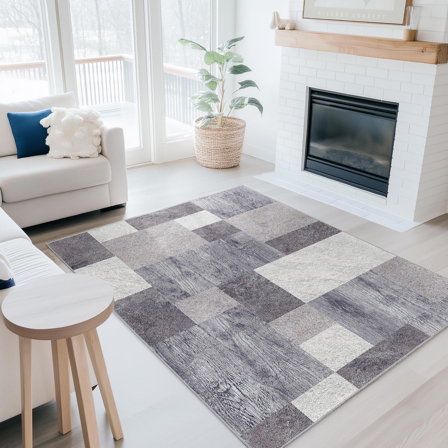Rechteckiger Teppich mit geometrischem Muster | Moderner grau-weißer Teppich | Stilvolle Wohndekoration | Vielseitige Wohnzimmermatte