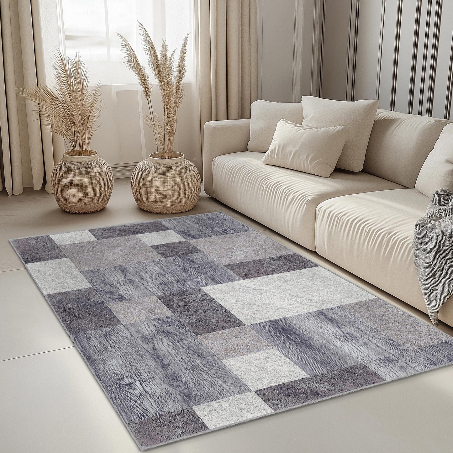 Rechteckiger Teppich mit geometrischem Muster | Moderner grau-weißer Teppich | Stilvolle Wohndekoration | Vielseitige Wohnzimmermatte