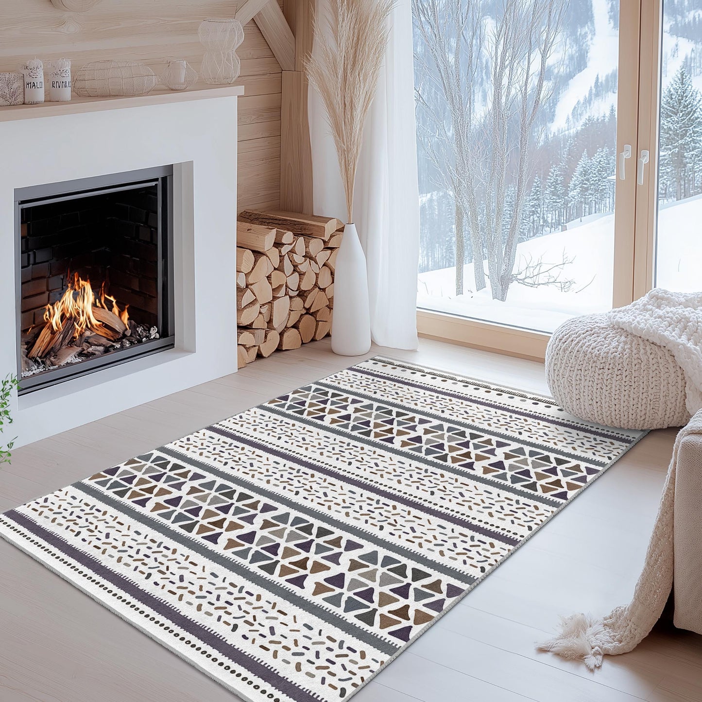 Rechteckiger, waschbarer Teppich mit geometrischem Muster | Stilvoller Baumwollteppich für die Wohnkultur | Moderner Teppich | Elegante Wohnzimmermatte