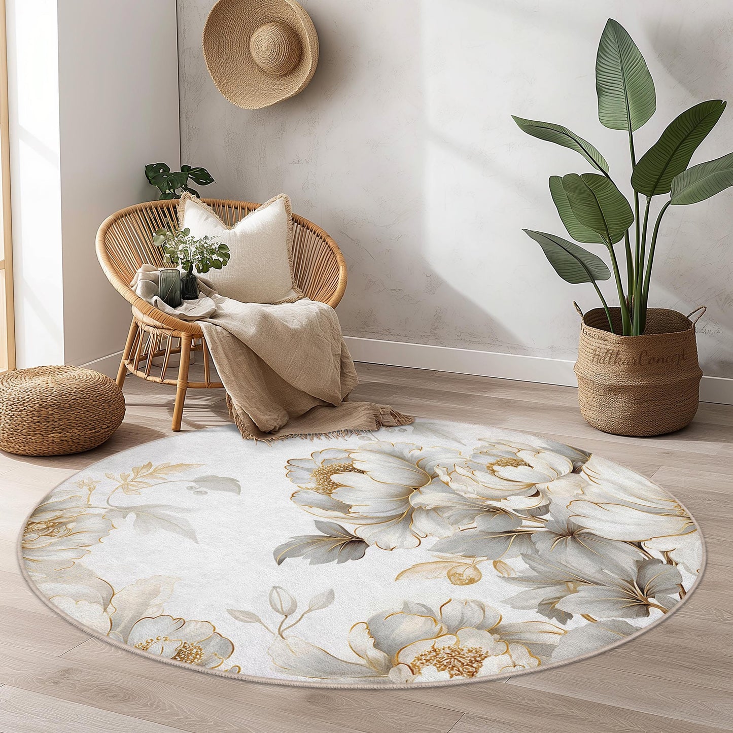 Eleganter runder Teppich mit Blumenmuster, weißes Pfingstrosenmotiv, weicher runder Teppich für Wohnzimmer, Schlafzimmer und andere Wohnbereiche