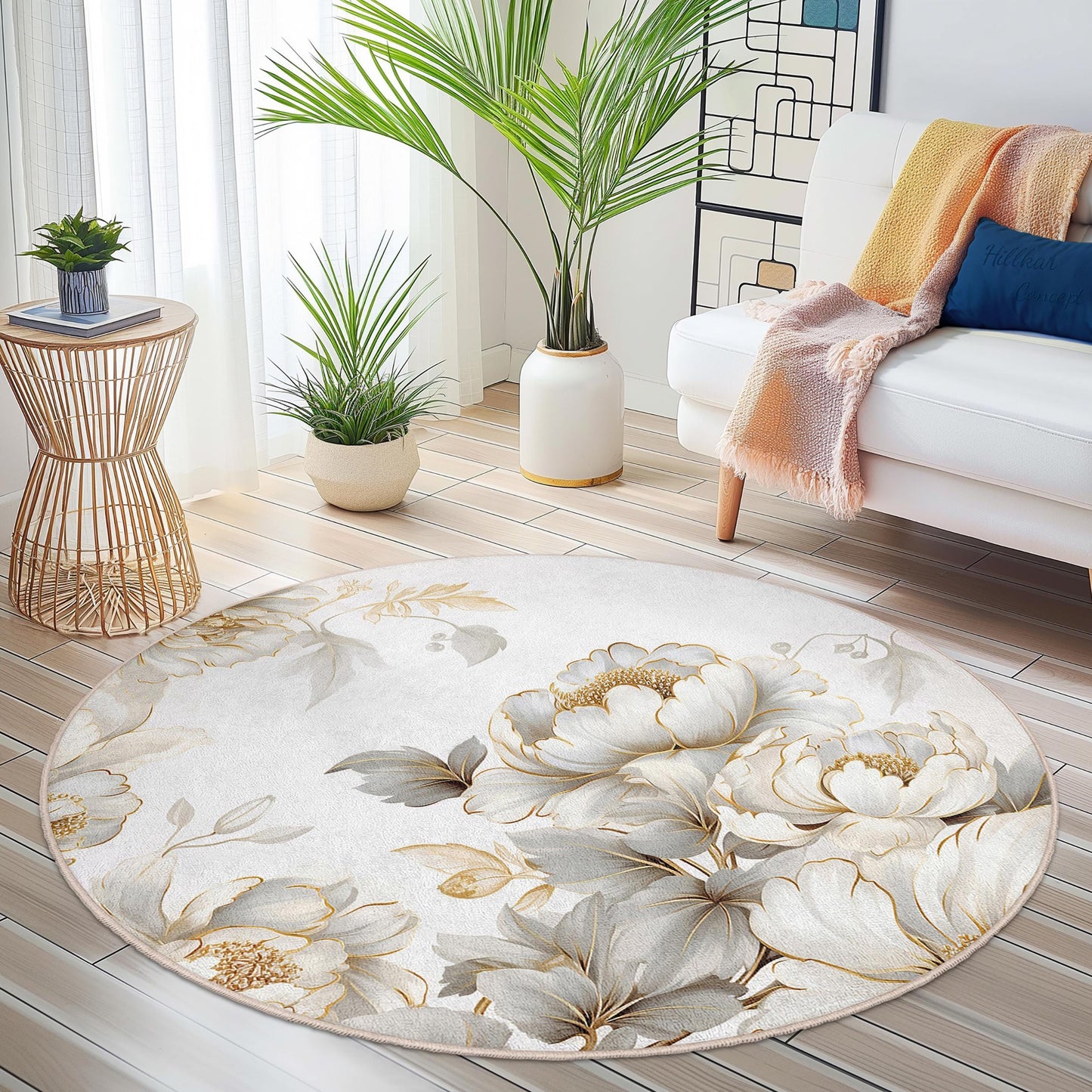 Eleganter runder Teppich mit Blumenmuster, weißes Pfingstrosenmotiv, weicher runder Teppich für Wohnzimmer, Schlafzimmer und andere Wohnbereiche