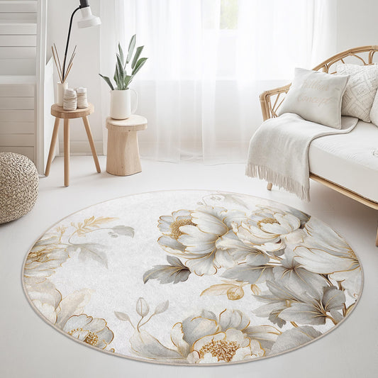 Elegant Floral Round Area Rug, White Peony Design, Soft Round Carpet for Living Room, Bedroom, Home Decor