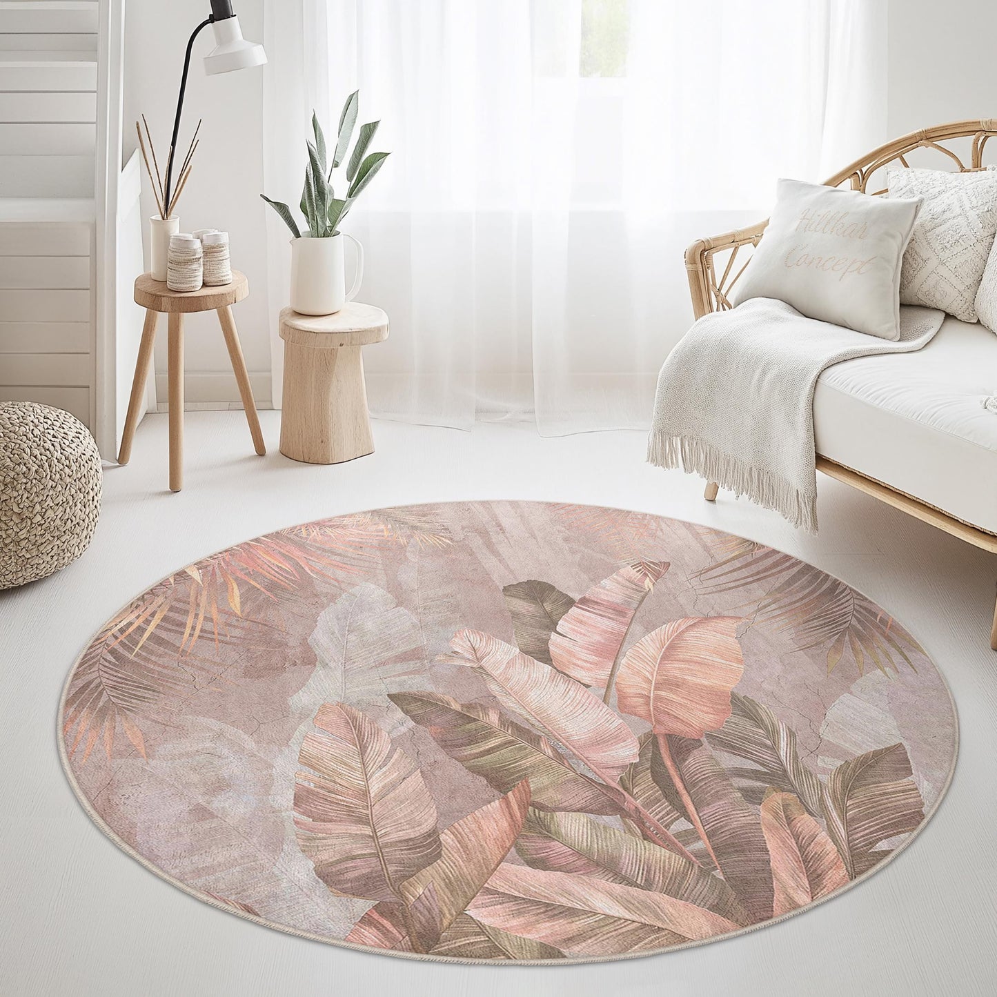 Runder Teppich mit tropischem Blättermuster, runder Boho-Teppich fürs Wohnzimmer, weicher runder Teppich fürs Schlafzimmer, elegante runde Wohnaccessoires