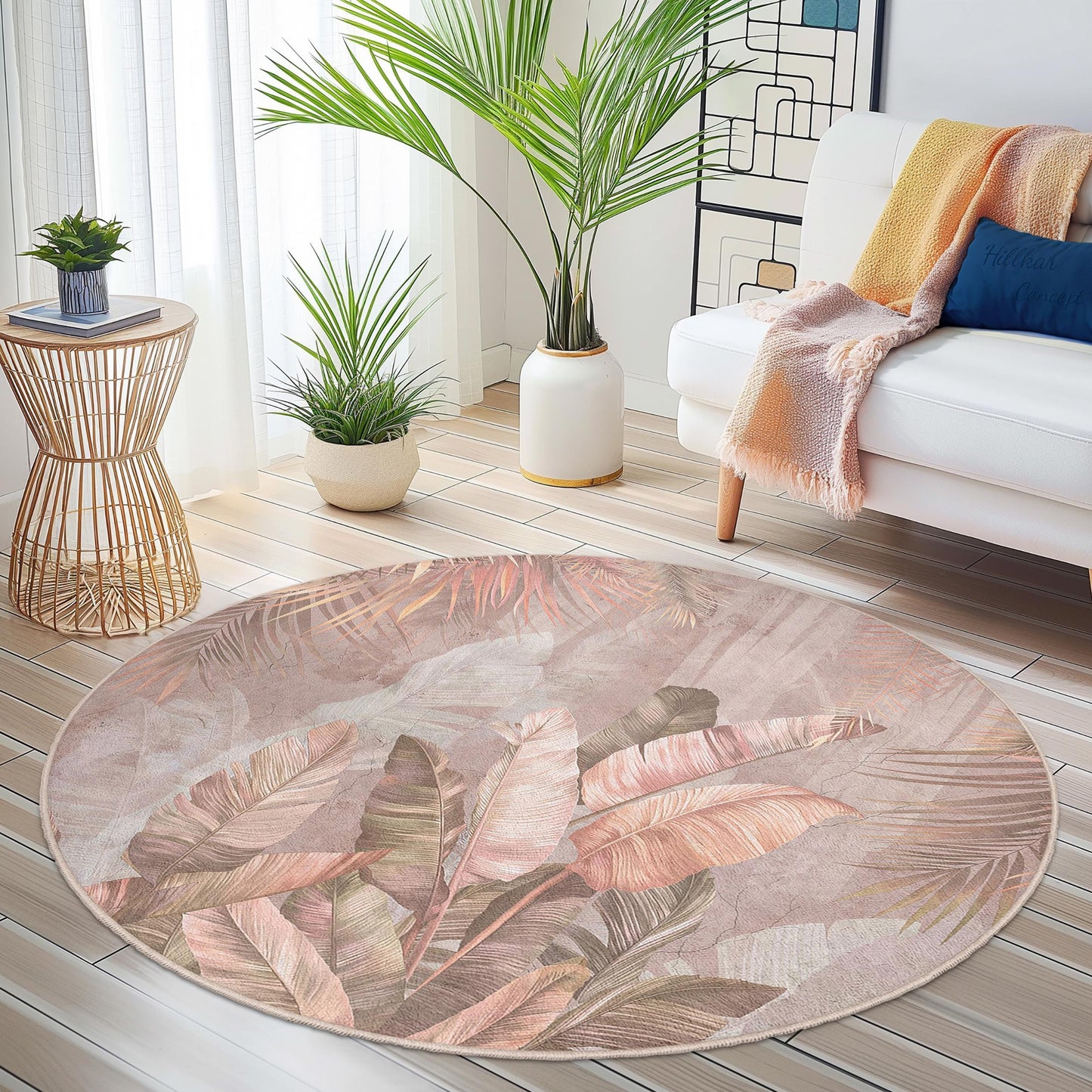 Runder Teppich mit tropischem Blättermuster, runder Boho-Teppich fürs Wohnzimmer, weicher runder Teppich fürs Schlafzimmer, elegante runde Wohnaccessoires