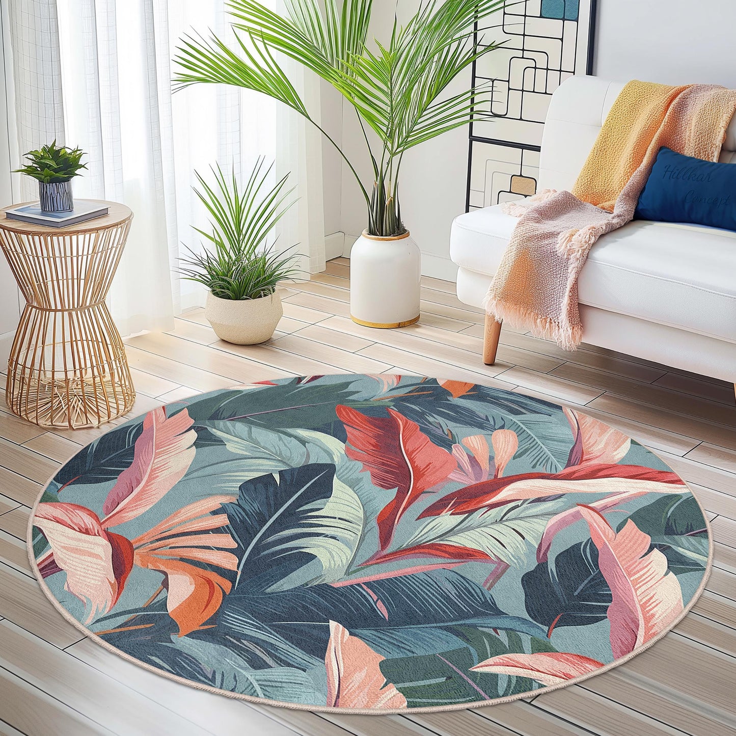 Runder Teppich mit tropischem Blattmuster, runder Teppich mit botanischem Muster, florale Dekoration für das Wohnzimmer, weicher runder Teppich für das Kinderzimmer