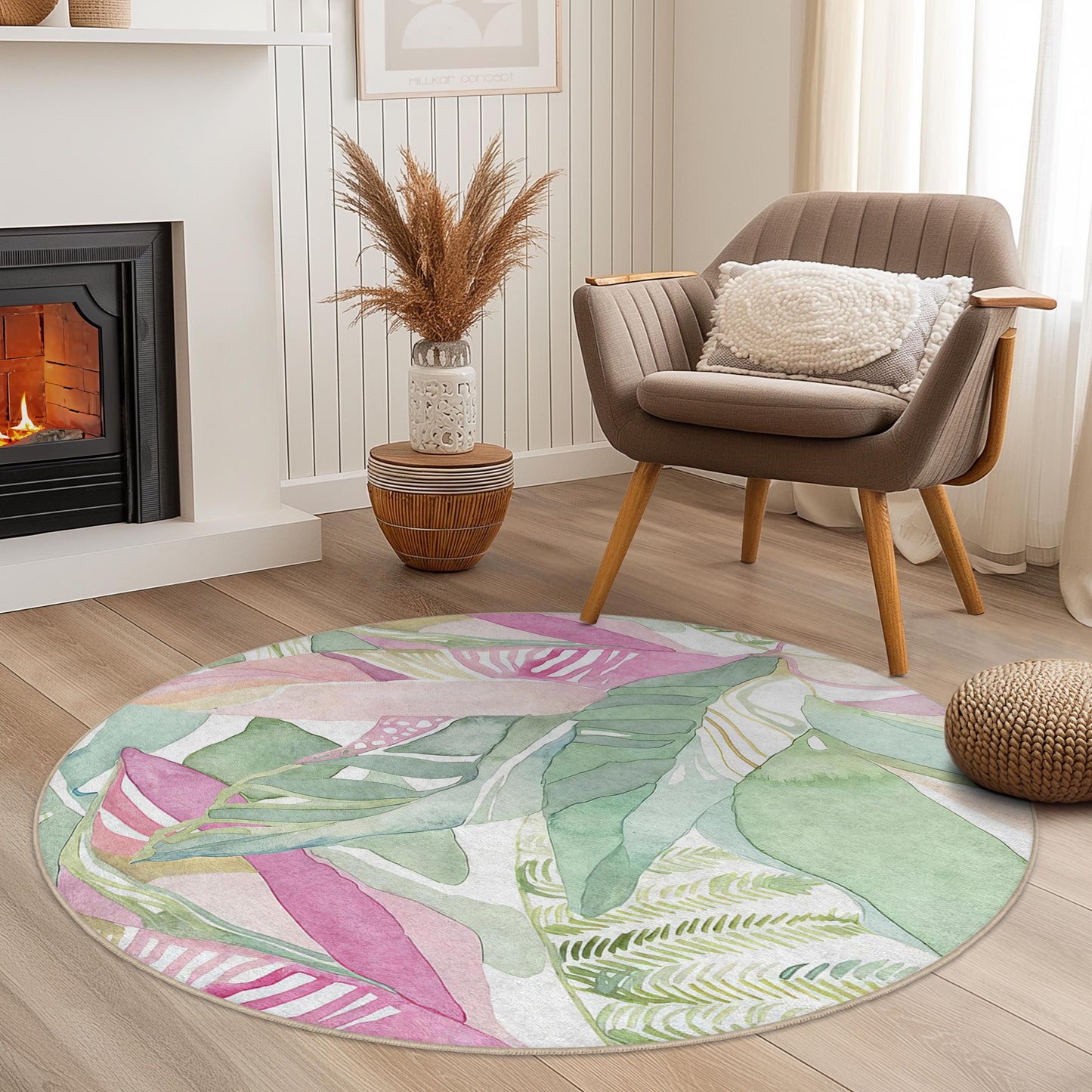 Runder Teppich mit tropischen Aquarellblättern: Boho-Botanische Wohndekoration