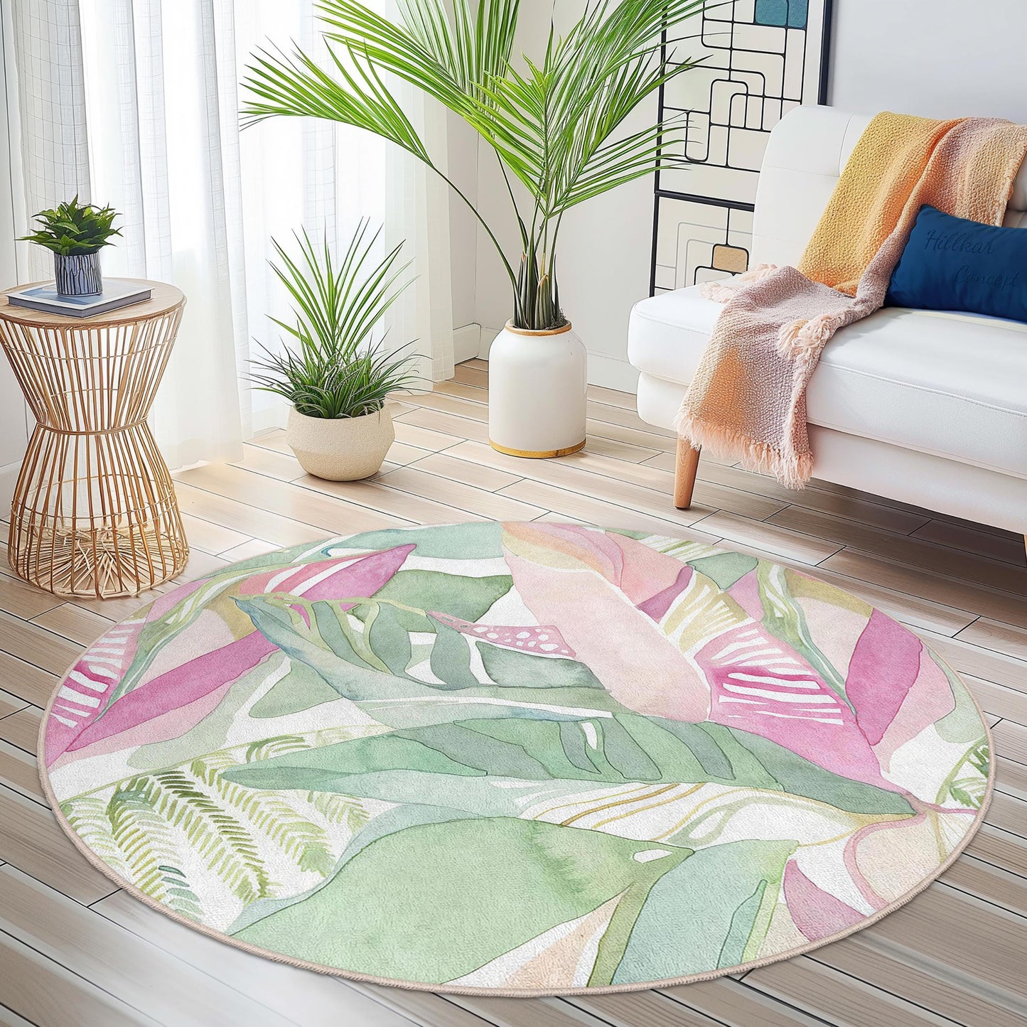 Runder Teppich mit tropischen Aquarellblättern: Boho-Botanische Wohndekoration