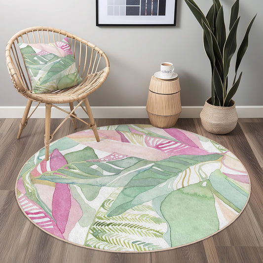 Watercolor Tropical Leaf Round Rug: Boho Botanical Home Decor
