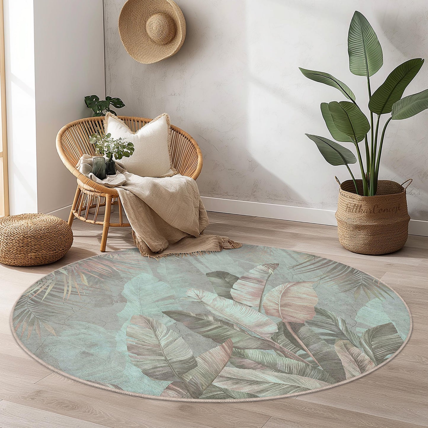 Runder Teppich mit tropischem Blättermuster, Botanischer Kreisteppich, Runder Teppich mit grünem Blattmuster, Wohnaccessoire im Bohème-Stil, Wohnzimmer-Fußmatte