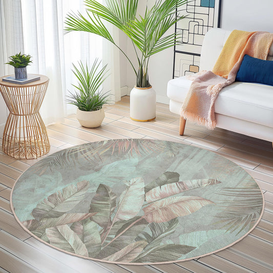 Tropical Leaves Round Area Rug, Botanical Circle Rug, Green Leaf Round Carpet, Bohemian Home Decor, Living Room Floor Mat