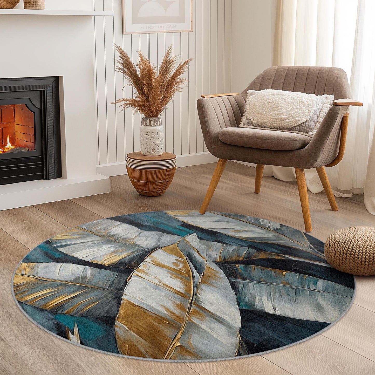 Eleganter runder Teppich mit Goldblattmuster, moderner Teppich mit Blattmotiv, runder Wohnzimmerteppich, dekorativer runder Teppich, Boho-Chic-Wohnaccessoire