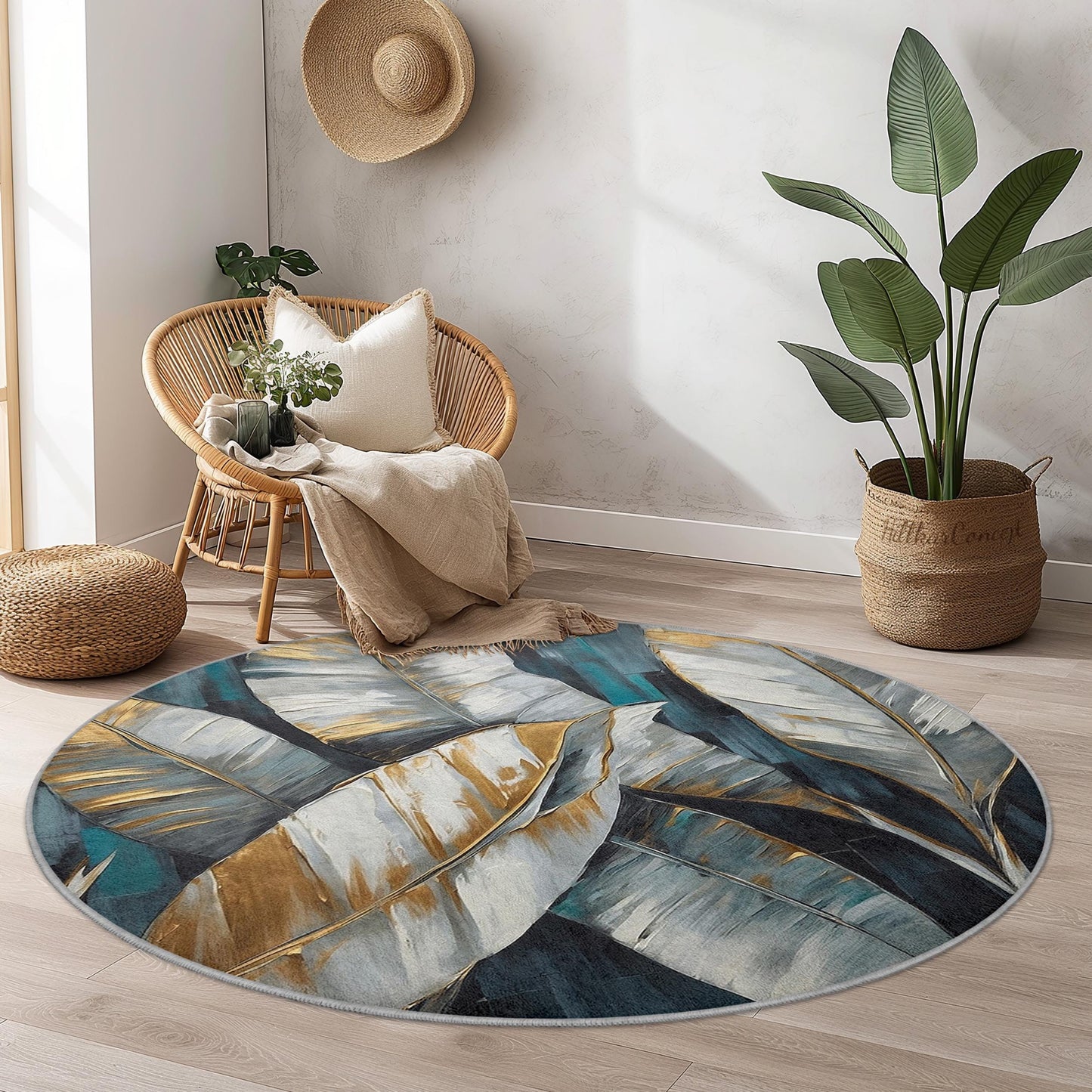 Eleganter runder Teppich mit Goldblattmuster, moderner Teppich mit Blattmotiv, runder Wohnzimmerteppich, dekorativer runder Teppich, Boho-Chic-Wohnaccessoire