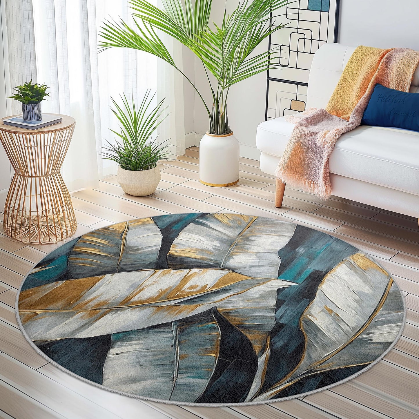Eleganter runder Teppich mit Goldblattmuster, moderner Teppich mit Blattmotiv, runder Wohnzimmerteppich, dekorativer runder Teppich, Boho-Chic-Wohnaccessoire