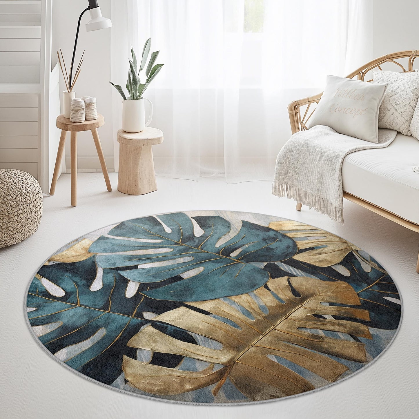 Runder Teppich mit tropischem Monstera-Blattmuster, Boho-Stil, Wohnzimmerteppich, Blättermuster, stilvoller Indoor-Teppich