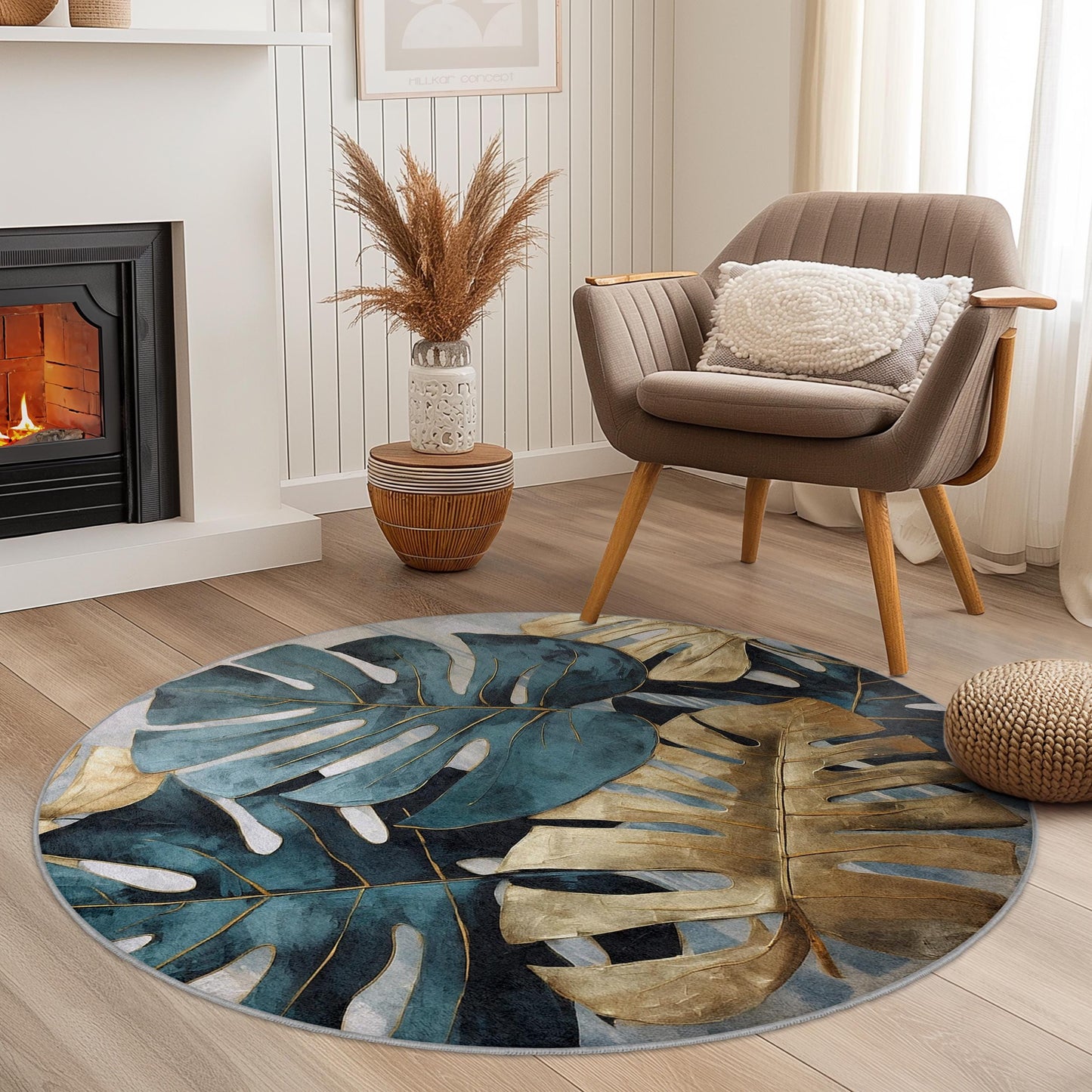 Runder Teppich mit tropischem Monstera-Blattmuster, Boho-Stil, Wohnzimmerteppich, Blättermuster, stilvoller Indoor-Teppich