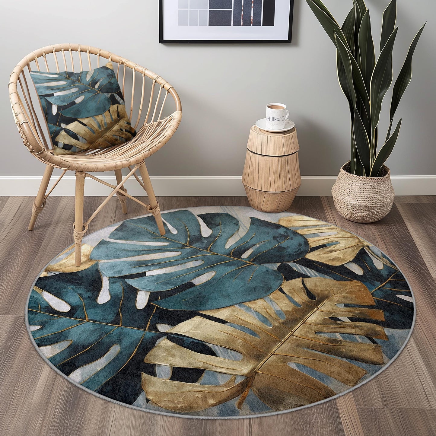 Runder Teppich mit tropischem Monstera-Blattmuster, Boho-Stil, Wohnzimmerteppich, Blättermuster, stilvoller Indoor-Teppich
