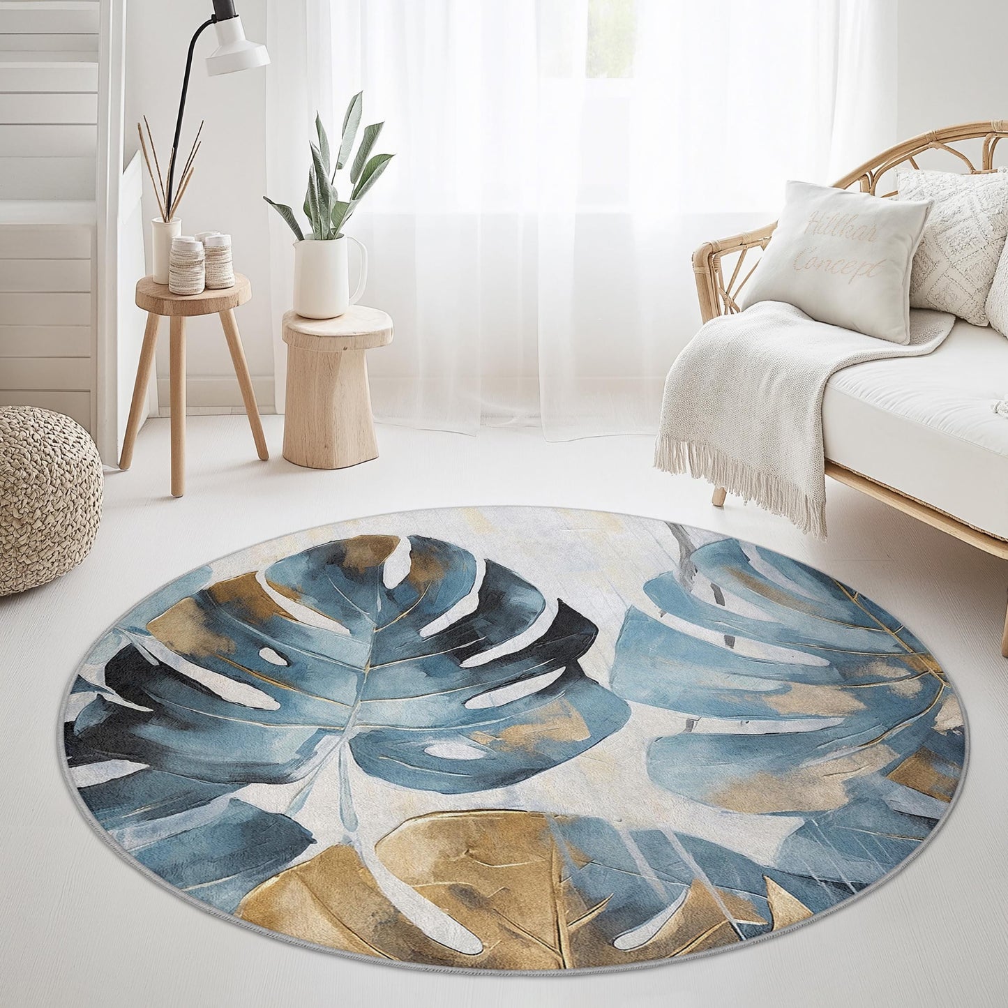 Runder Teppich mit tropischem Blattmotiv, blau-goldener Monstera-Blattteppich, Boho-Chic-Dekor, Wohnzimmerteppich, runder Pflanzenteppich für Zuhause