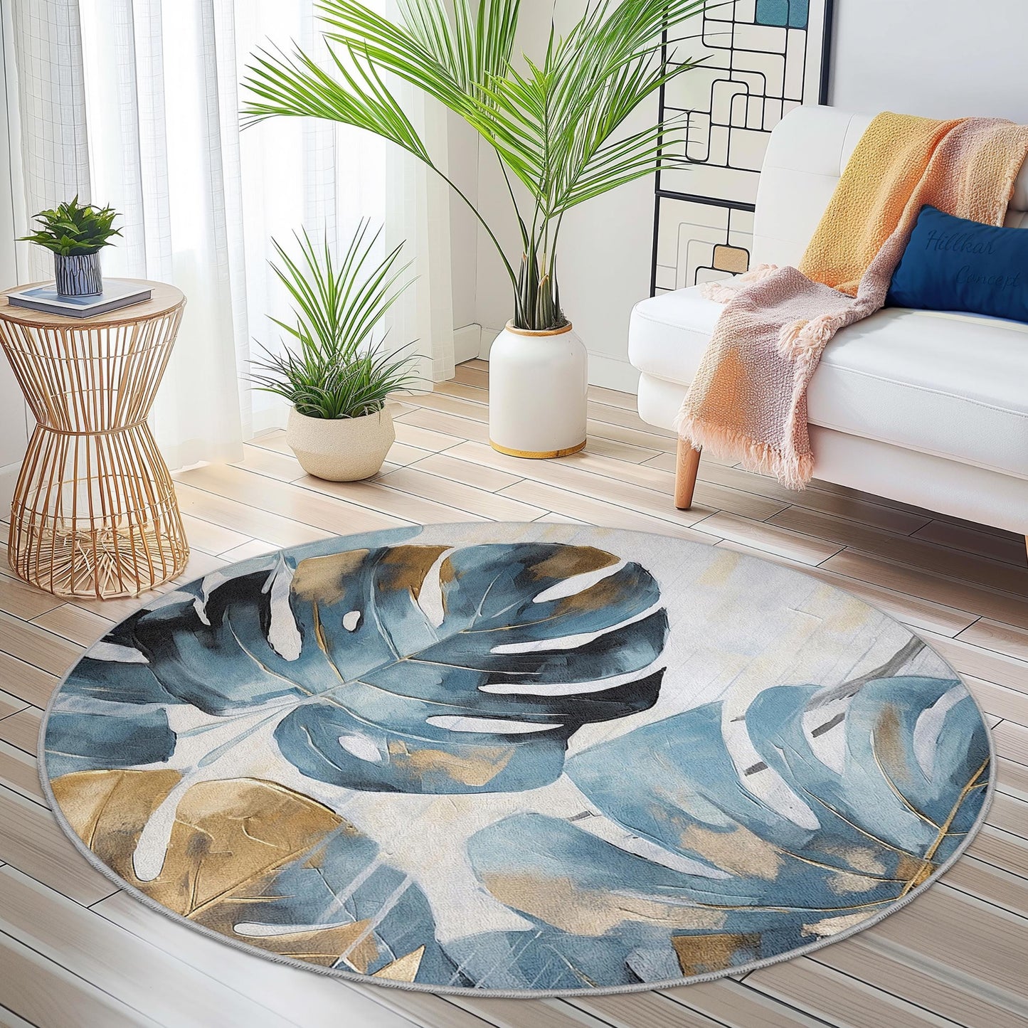 Runder Teppich mit tropischem Blattmotiv, blau-goldener Monstera-Blattteppich, Boho-Chic-Dekor, Wohnzimmerteppich, runder Pflanzenteppich für Zuhause