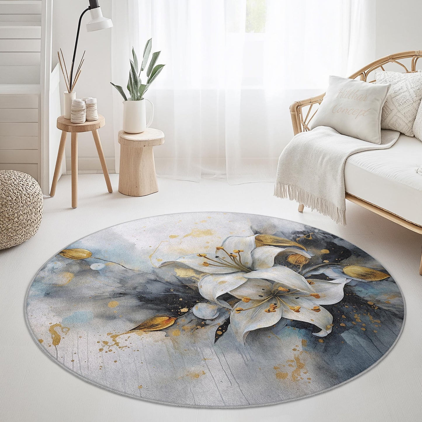 Eleganter runder Teppich mit floralem Muster, zartes Lilienmotiv, moderner runder Teppich für Wohnzimmer, Schlafzimmer, Wohnbereich, einzigartiger Akzentteppich