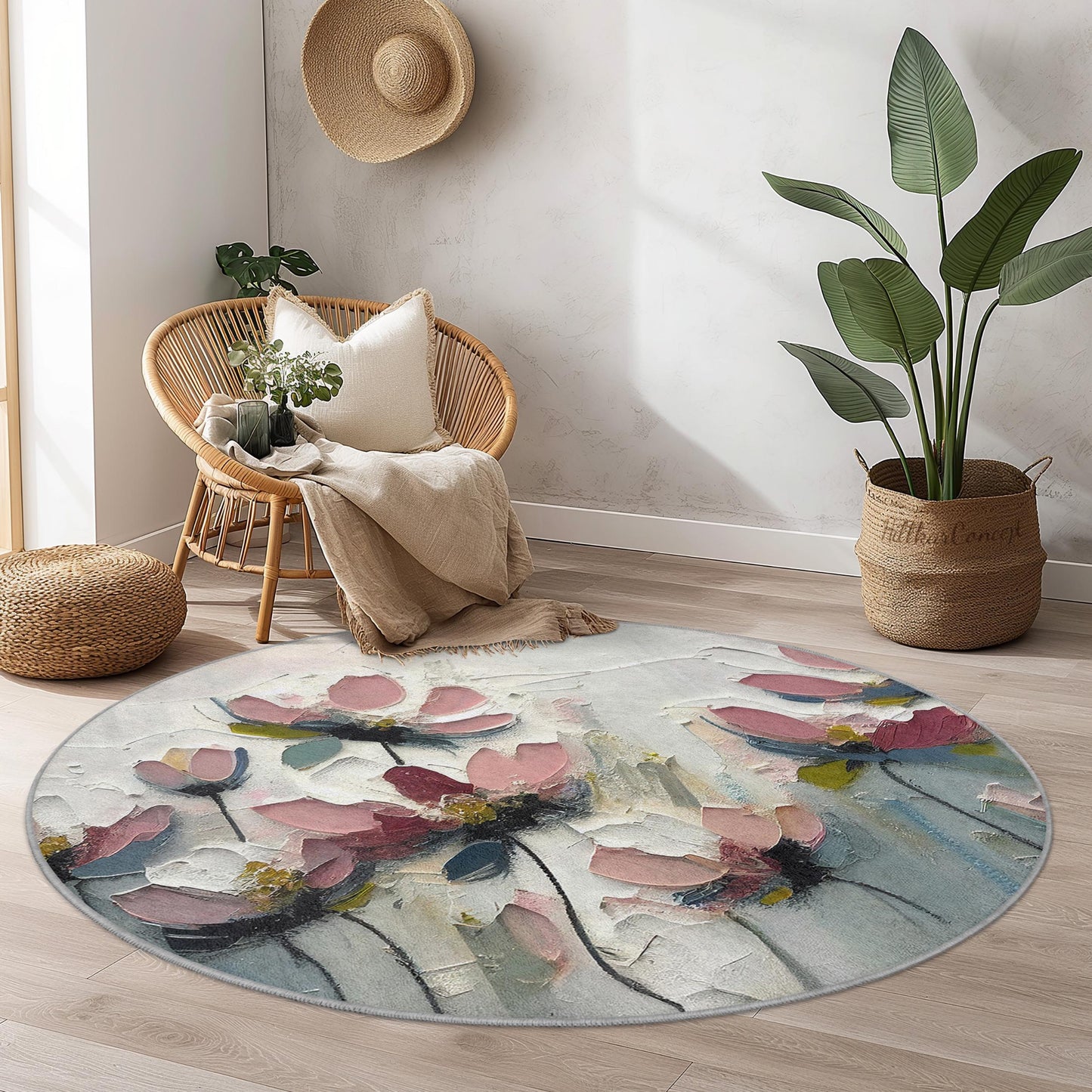 Runder Teppich mit abstraktem Blumenmuster, moderner Teppich mit Blumendesign, runder Blumenteppich für Wohnzimmer, Schlafzimmer, Wohnaccessoires