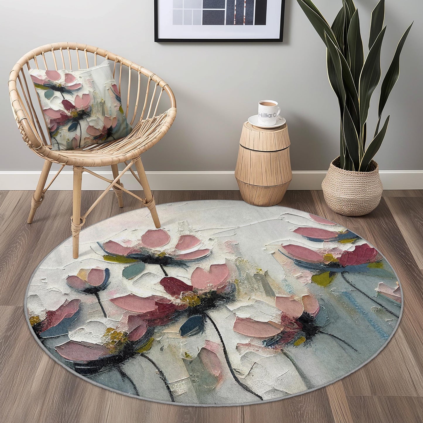 Runder Teppich mit abstraktem Blumenmuster, moderner Teppich mit Blumendesign, runder Blumenteppich für Wohnzimmer, Schlafzimmer, Wohnaccessoires