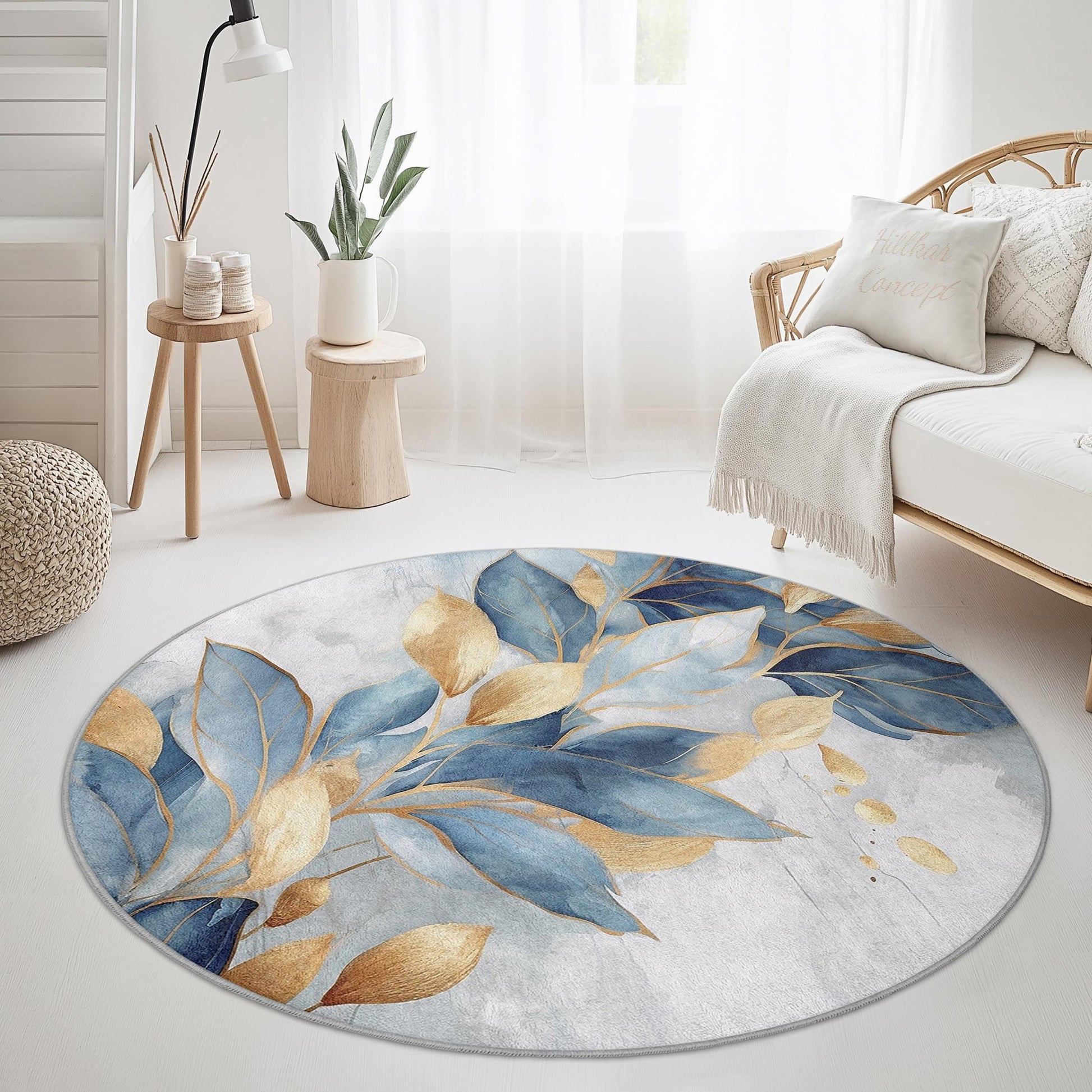 Blue and Gold Leaf Round Area Rug: Botanical Home Decor