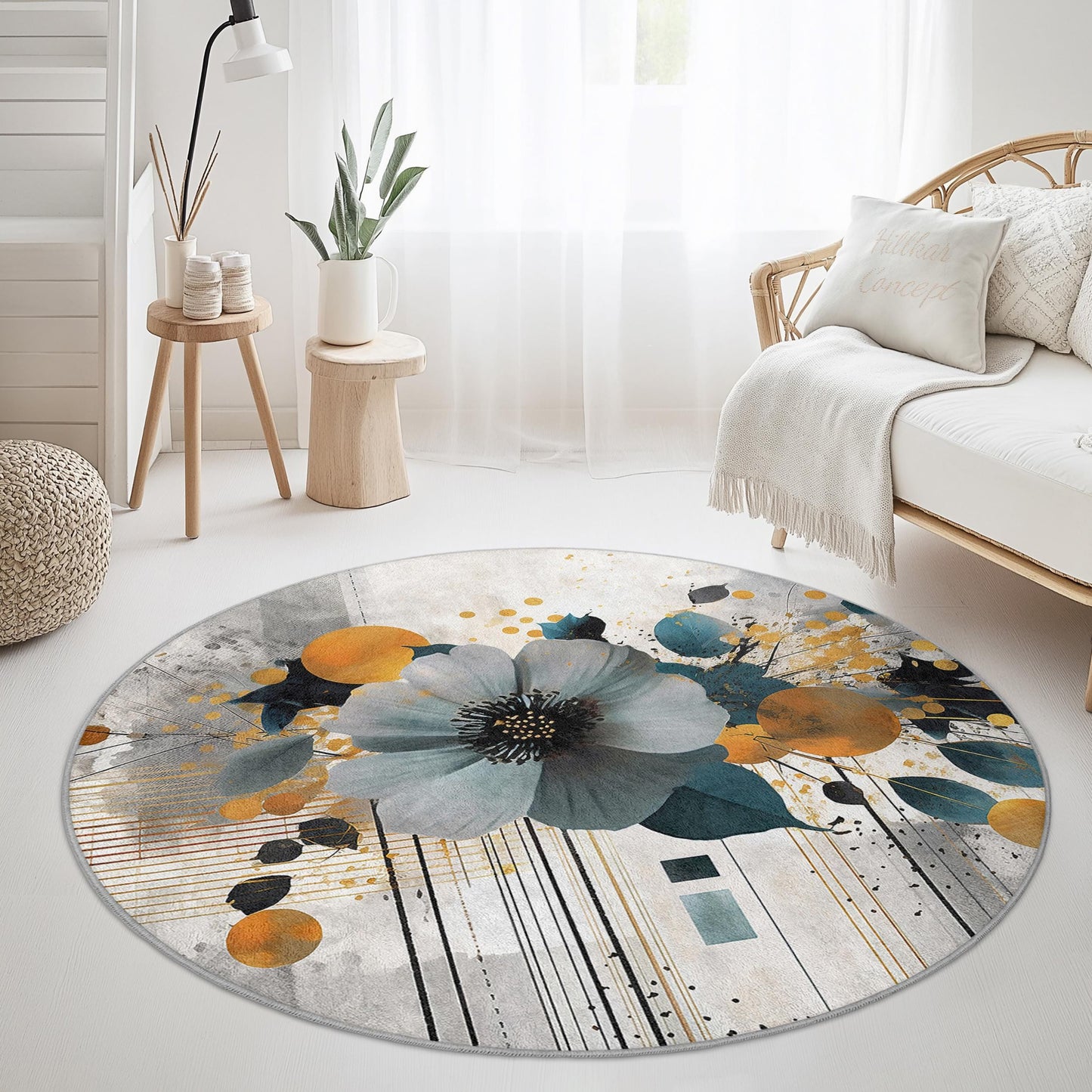 Runder Teppich mit lebendigem Blumenmuster, kunstvolles Blumendesign, moderner runder Teppich für Wohnzimmer, Schlafzimmer und Wohnbereich