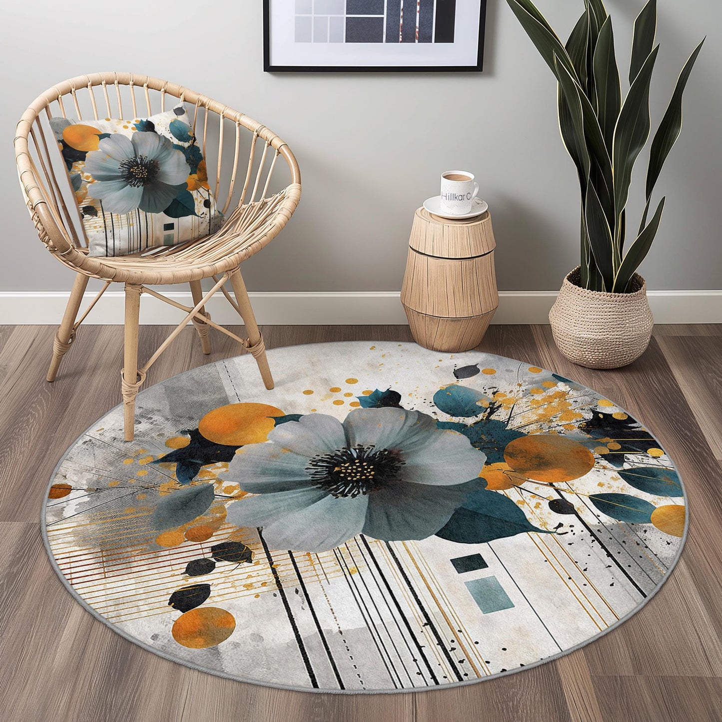 Runder Teppich mit lebendigem Blumenmuster, kunstvolles Blumendesign, moderner runder Teppich für Wohnzimmer, Schlafzimmer und Wohnbereich
