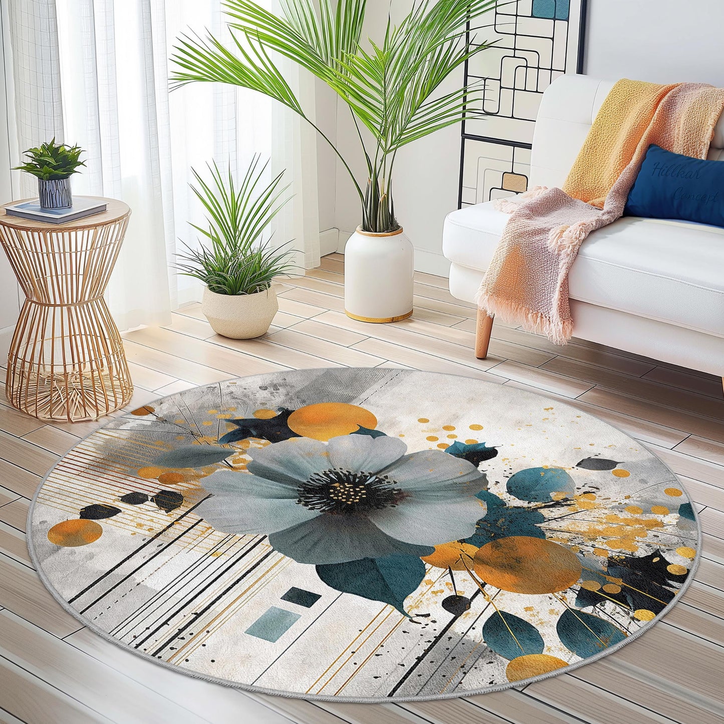 Runder Teppich mit lebendigem Blumenmuster, kunstvolles Blumendesign, moderner runder Teppich für Wohnzimmer, Schlafzimmer und Wohnbereich
