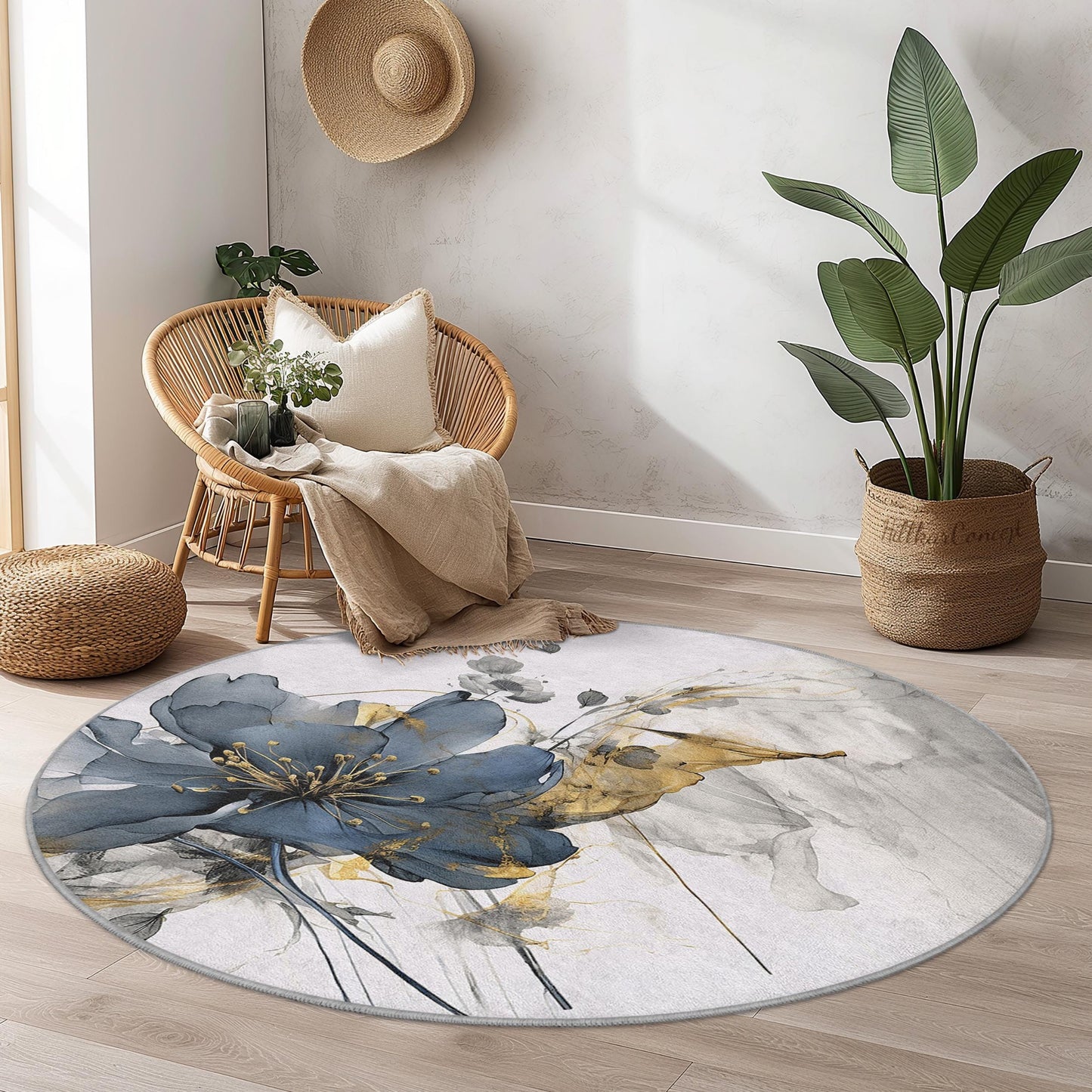 Eleganter runder Teppich mit Blumenmuster, moderner runder Teppich, stilvolle Wohndekoration, Wohnzimmerteppich, Schlafzimmerteppich, weicher runder Teppich