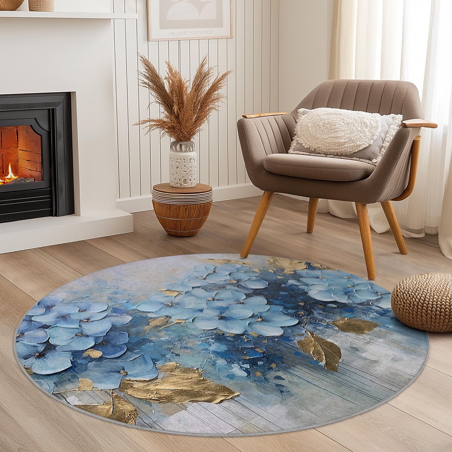 Runder Teppich mit blauem Blumenmuster, eleganter Teppich mit Blumendekor, weicher runder Teppich für Wohnzimmer, Schlafzimmer und andere Wohnbereiche