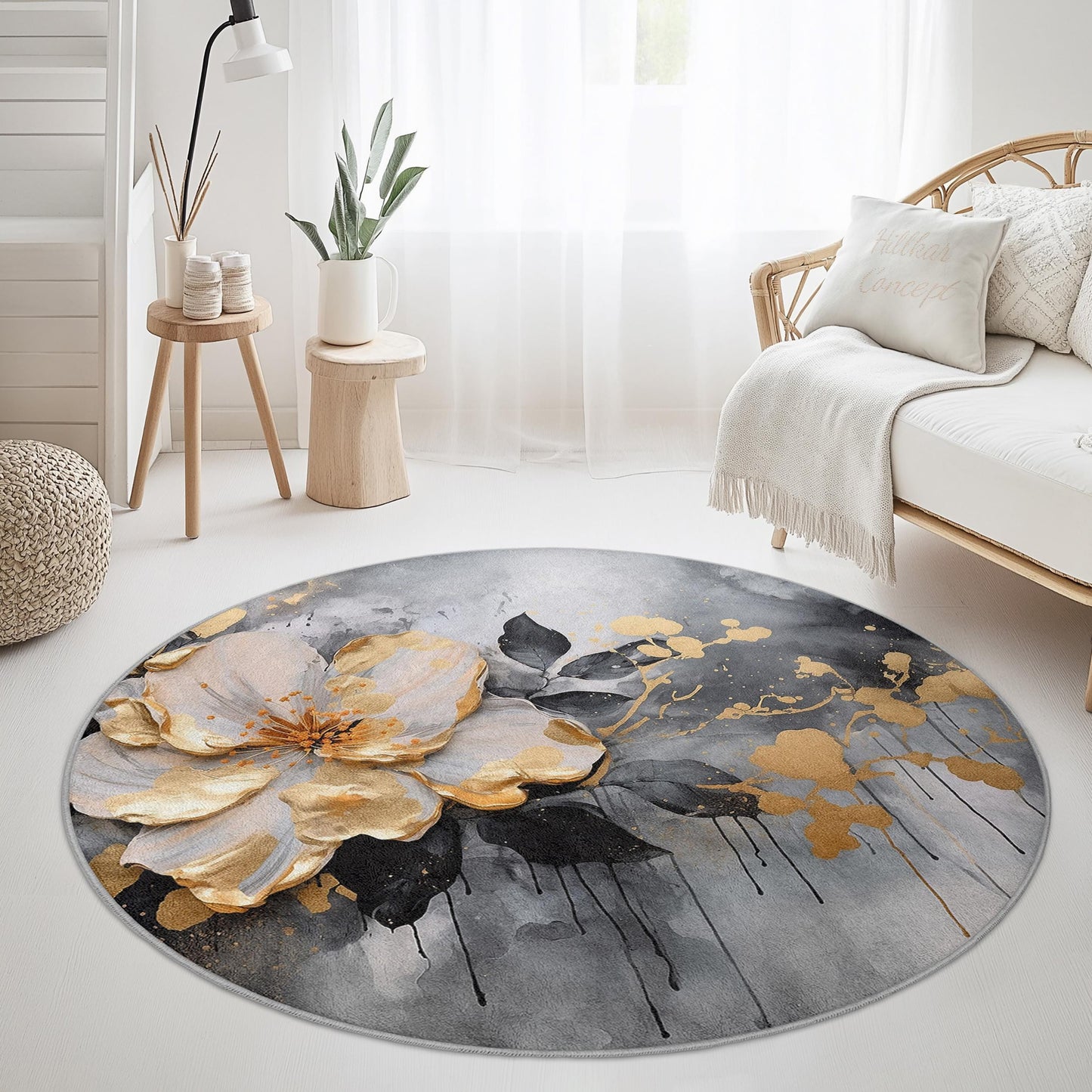 Eleganter runder Teppich mit Blumenmuster, moderner Teppich mit Blumendesign, weicher Wohnteppich für Wohnzimmer, Schlafzimmer und Büro