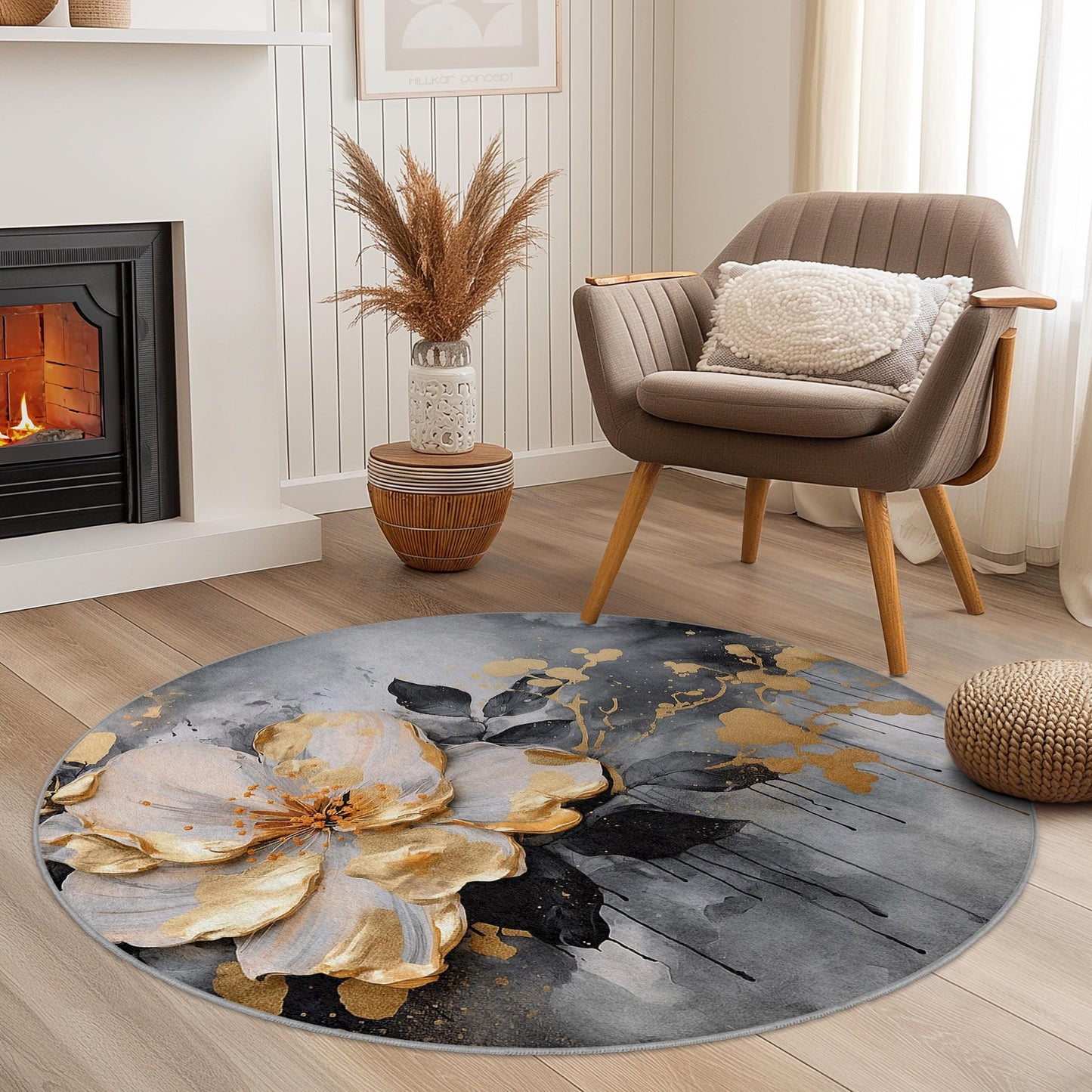 Eleganter runder Teppich mit Blumenmuster, moderner Teppich mit Blumendesign, weicher Wohnteppich für Wohnzimmer, Schlafzimmer und Büro