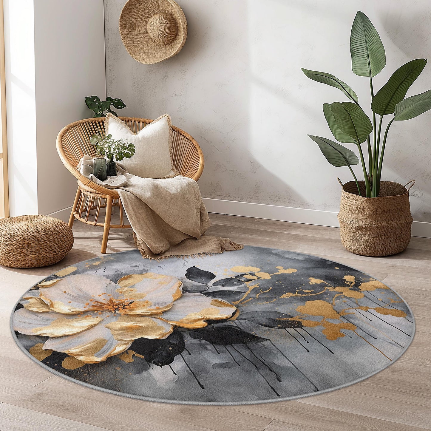 Eleganter runder Teppich mit Blumenmuster, moderner Teppich mit Blumendesign, weicher Wohnteppich für Wohnzimmer, Schlafzimmer und Büro